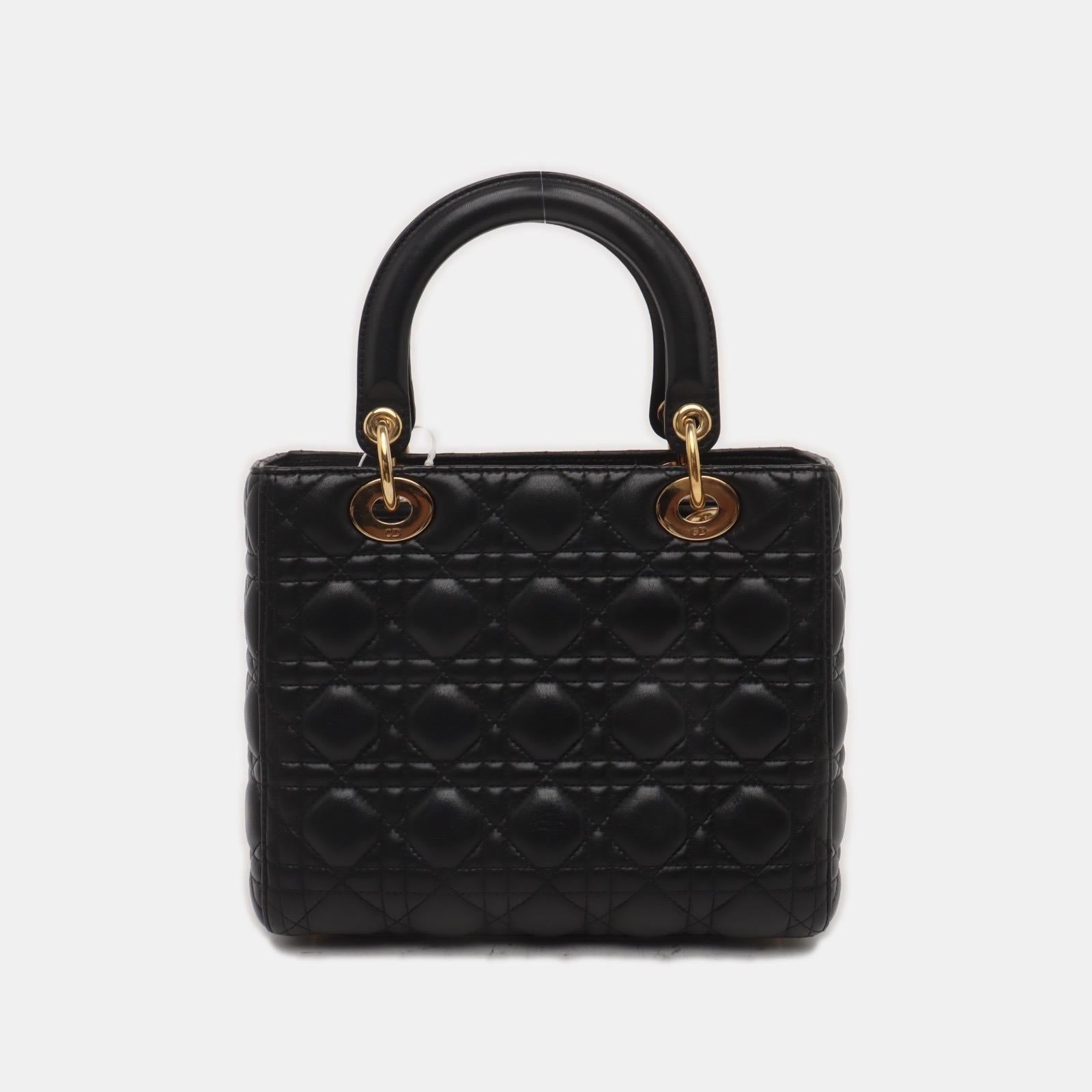 Lady Dior Medium Handbag Black Lambskin Leather Gold Hardware For Sale 2
