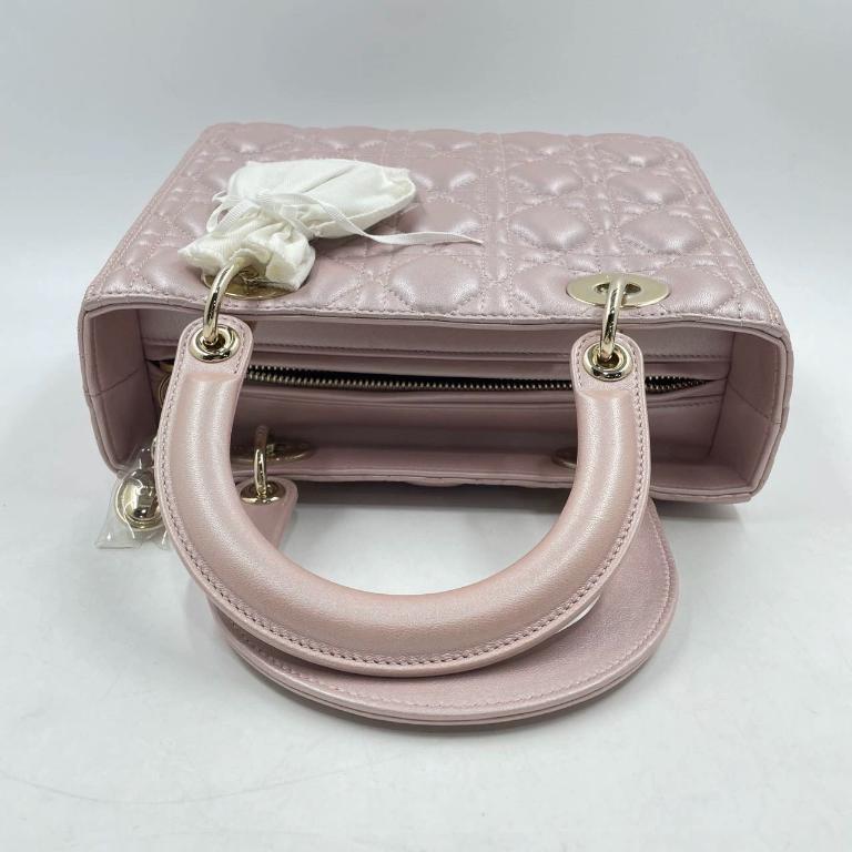 De las mujeres Lady Dior Bolso Mediano Piel Cannage Rosa Nacarado Herrajes Dorados, 2016