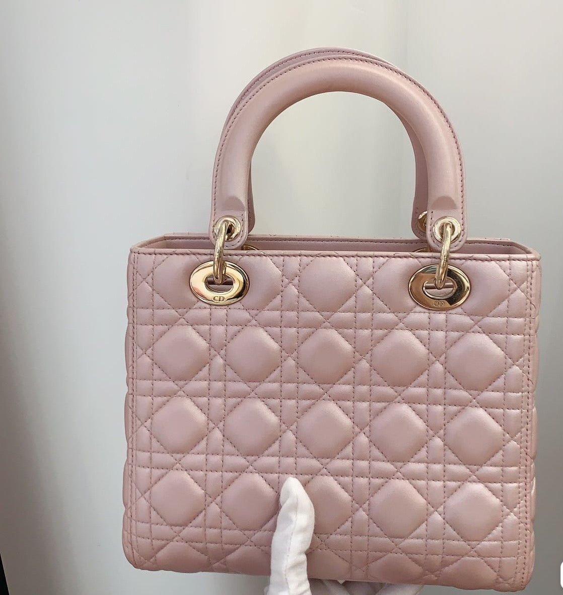 Brown Lady Dior Medium Handbag Pearlescent Pink Cannage Leather Gold Hardware
