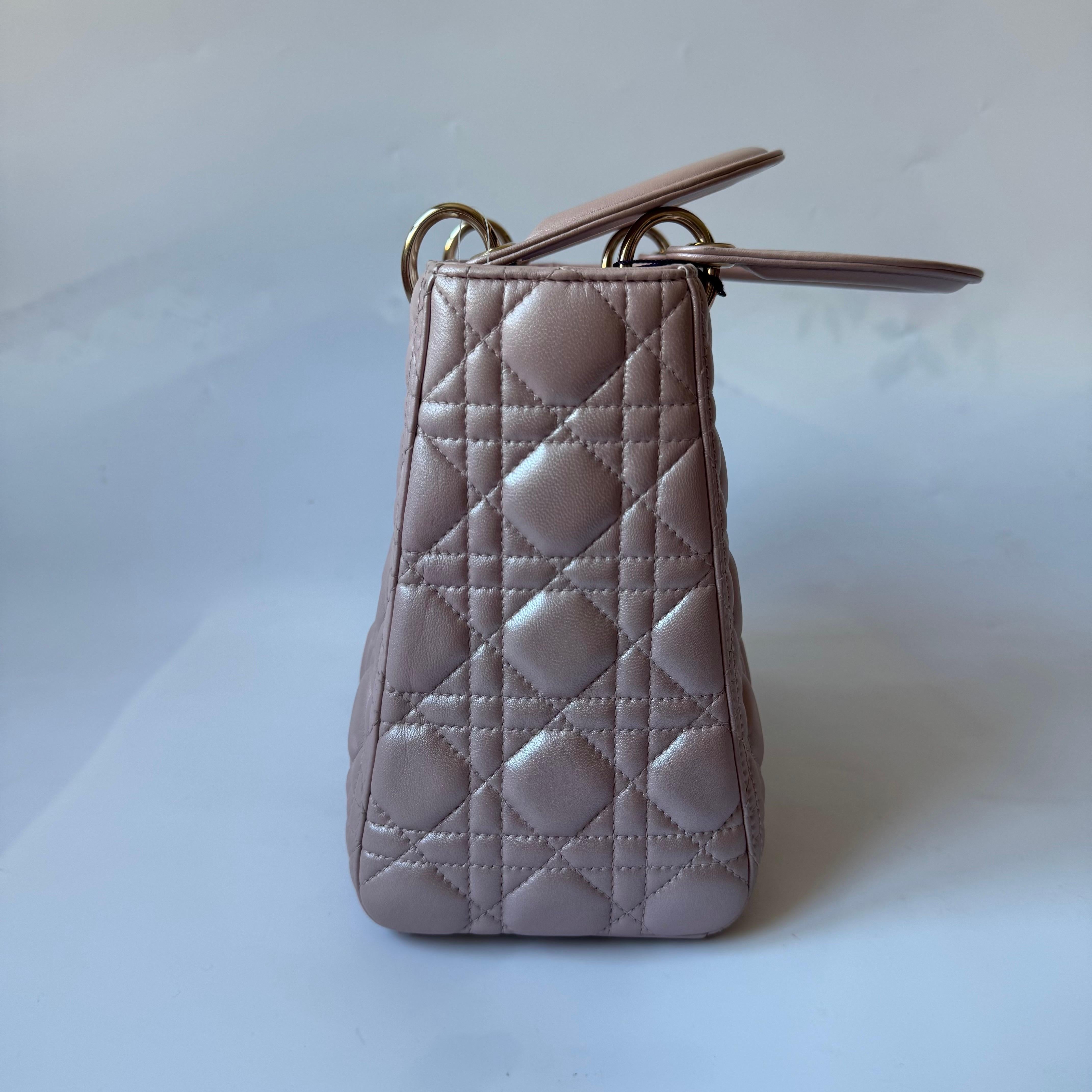 Gray Lady Dior Medium Handbag Pearlescent Pink Cannage Leather Gold Hardware For Sale