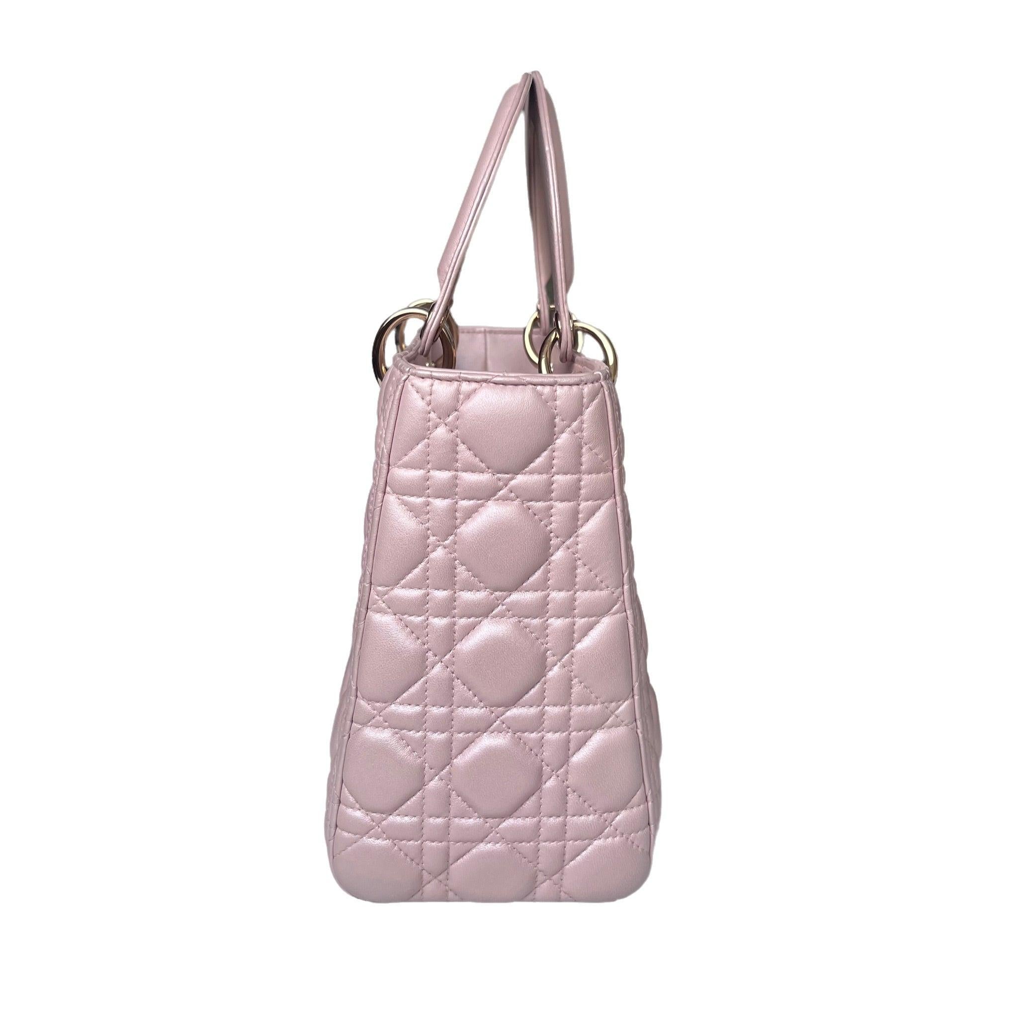 Women's Lady Dior Medium Handbag Pearlescent Pink Cannage Leather Gold Hardware