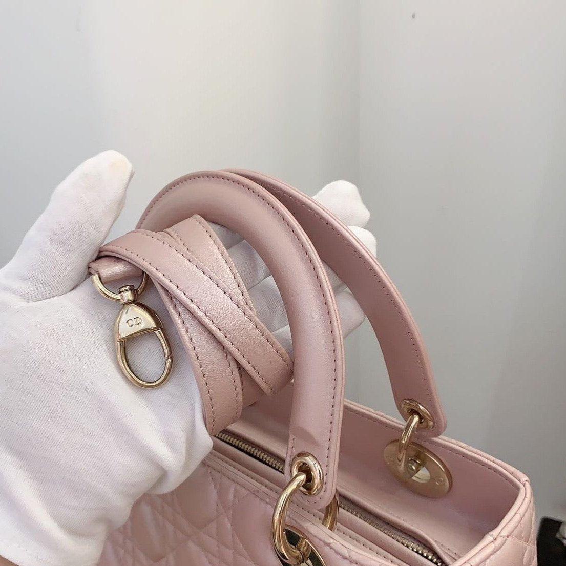 Women's Lady Dior Medium Handbag Pearlescent Pink Cannage Leather Gold Hardware
