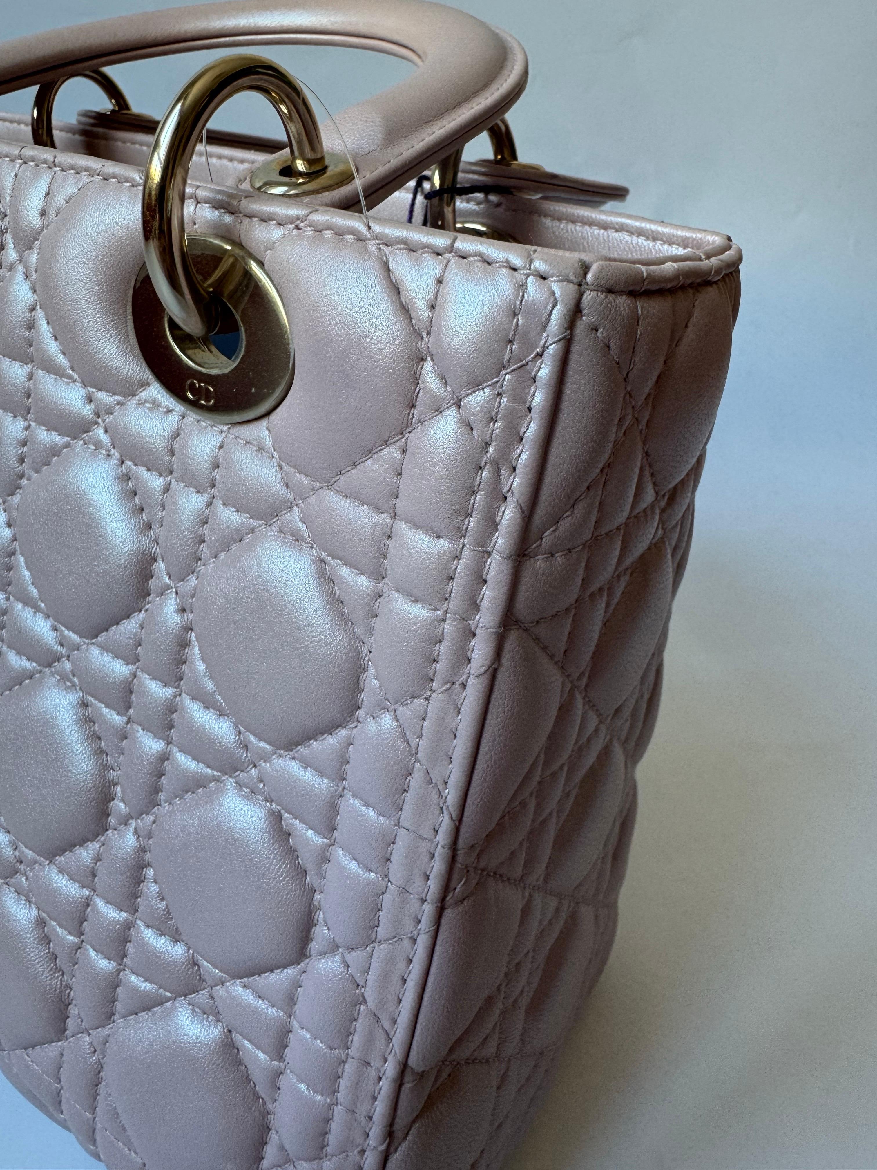 Lady Dior Medium Handbag Pearlescent Pink Cannage Leather Gold Hardware For Sale 1