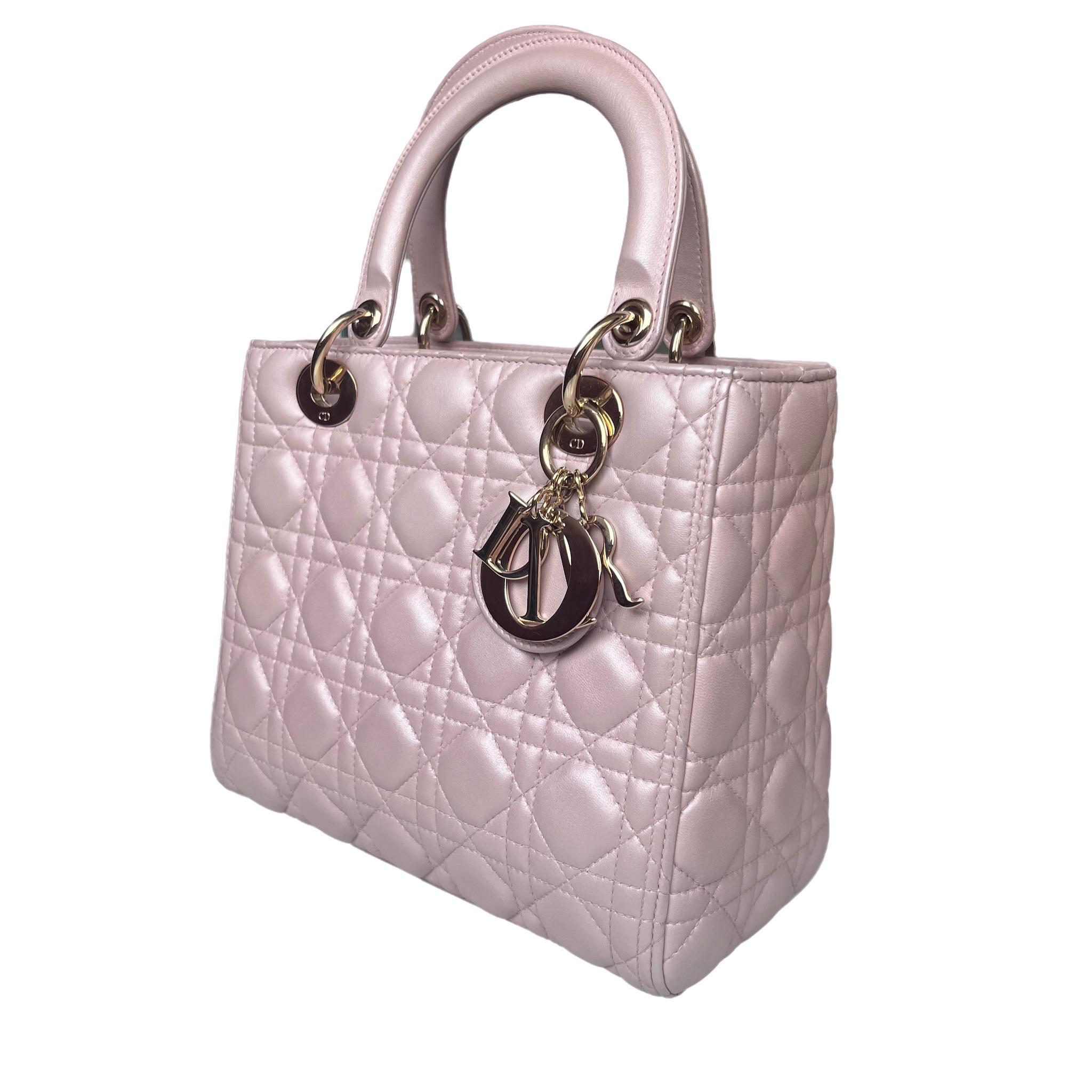 Lady Dior Medium Handbag Pearlescent Pink Cannage Leather Gold Hardware For Sale 2