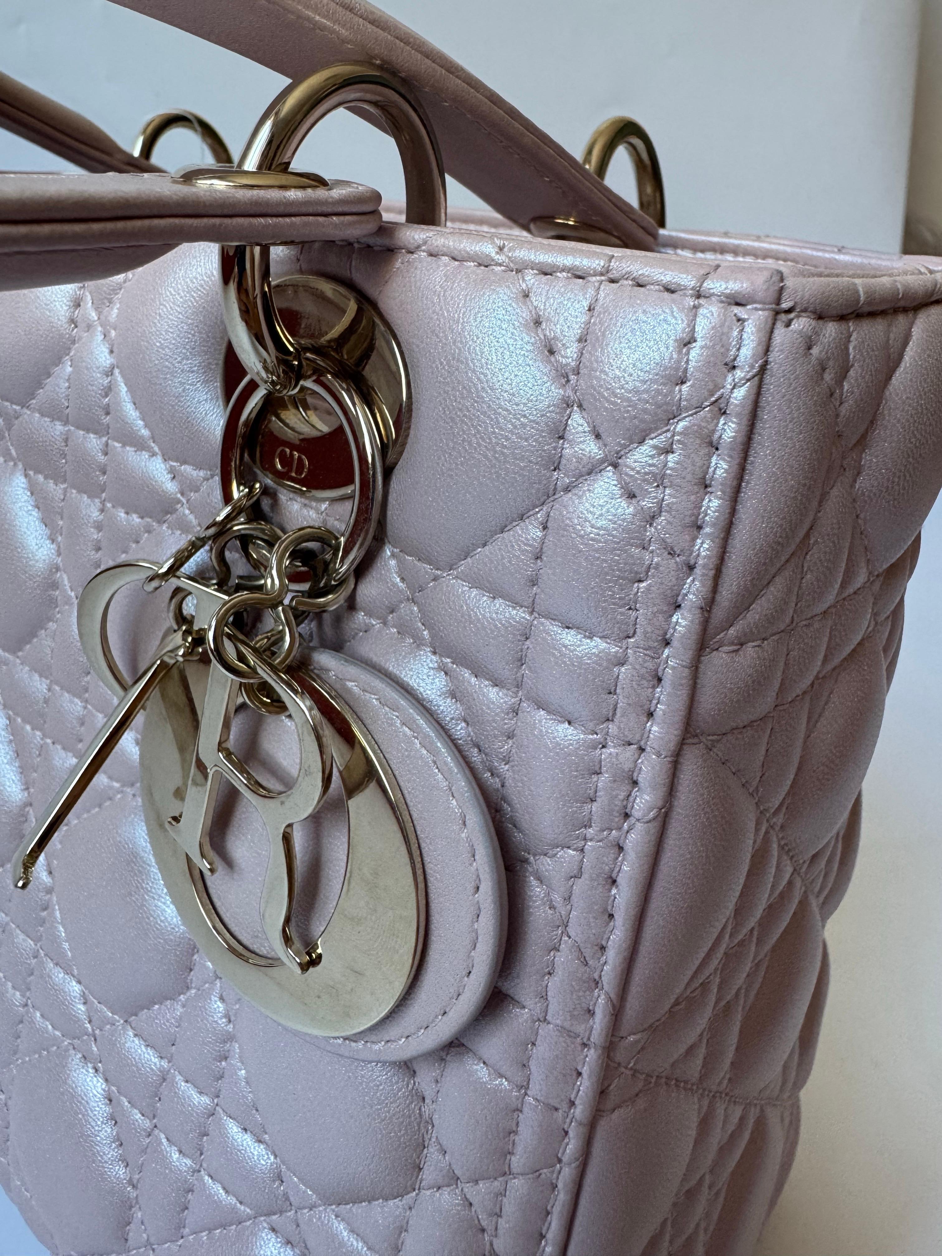 Lady Dior Medium Handbag Pearlescent Pink Cannage Leather Gold Hardware For Sale 2