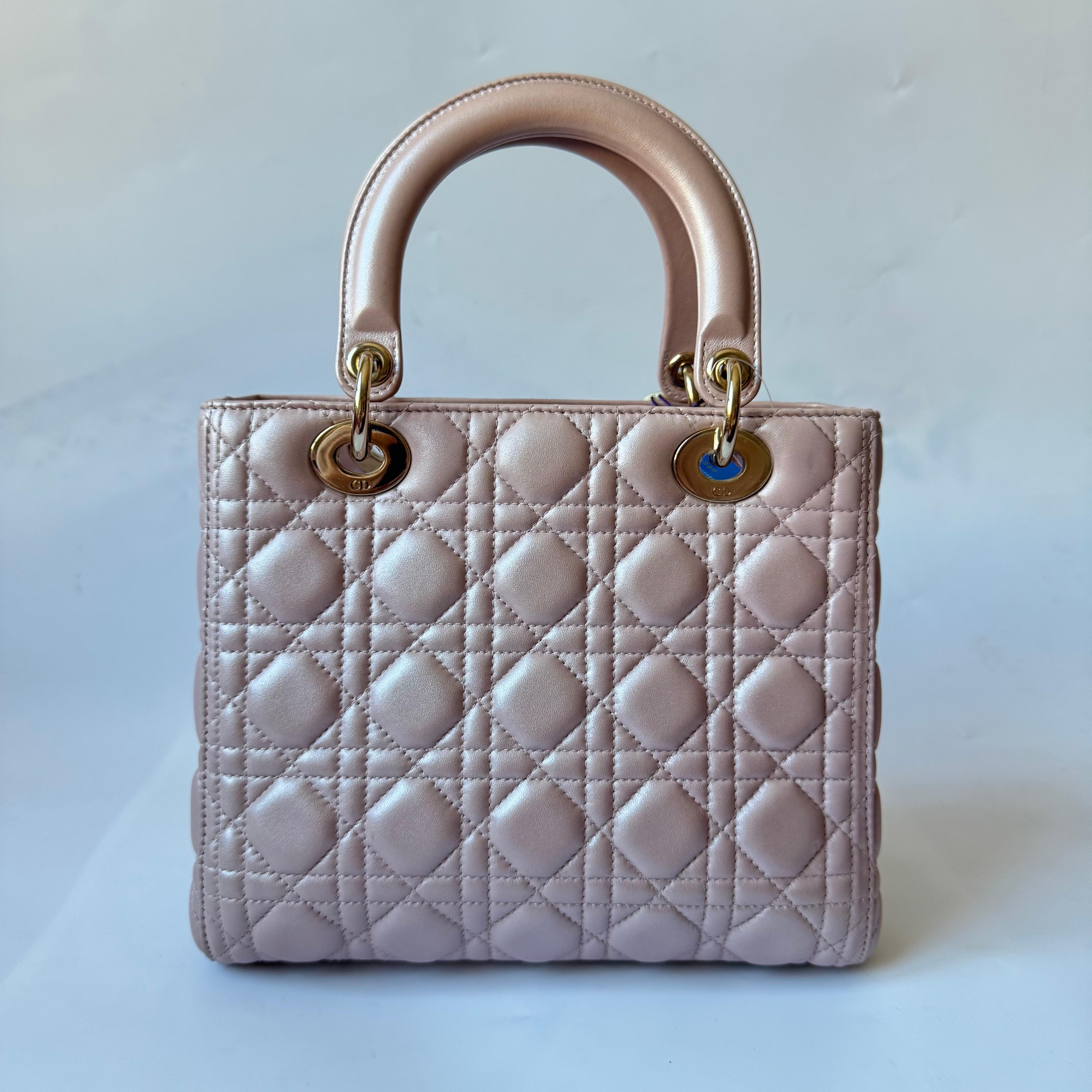 Lady Dior Medium Handbag Pearlescent Pink Cannage Leather Gold Hardware For Sale 3