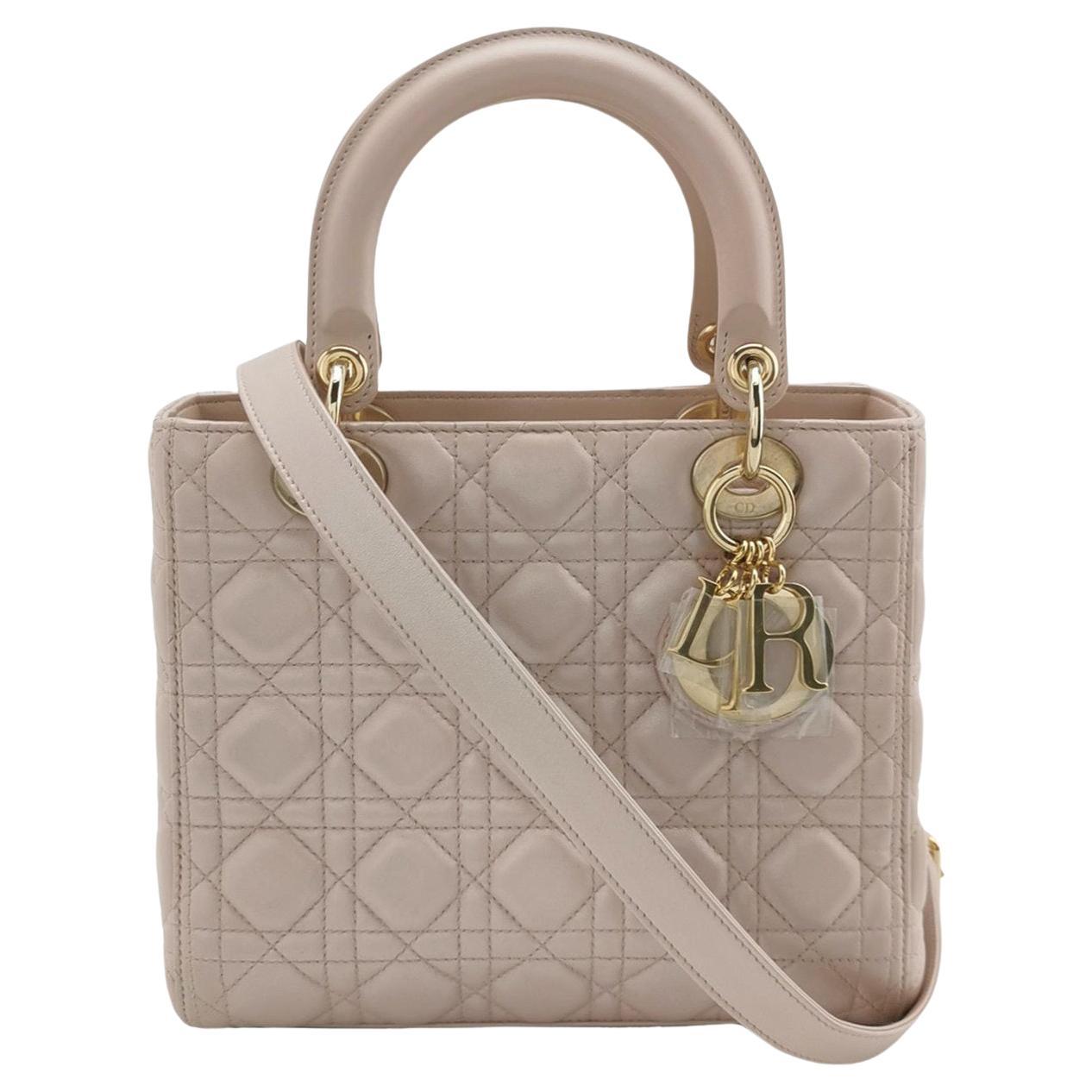 Lady Dior Medium Handbag Pearlescent Pink Cannage Leather Gold Hardware For Sale