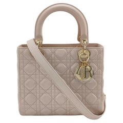Used Lady Dior Medium Handbag Pearlescent Pink Cannage Leather Gold Hardware