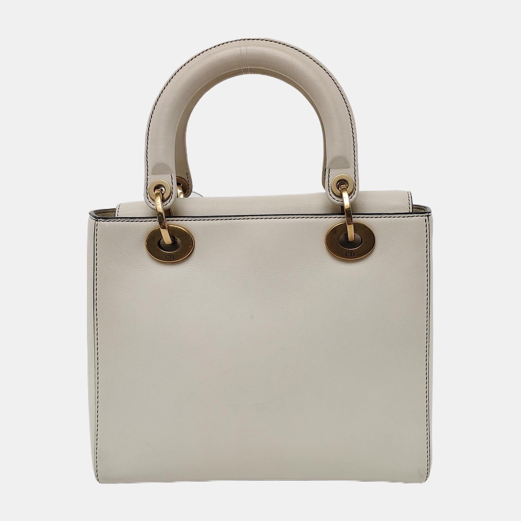 Women's Lady Dior Medium Love White Calfskin Leather with Gold-tone Hardware