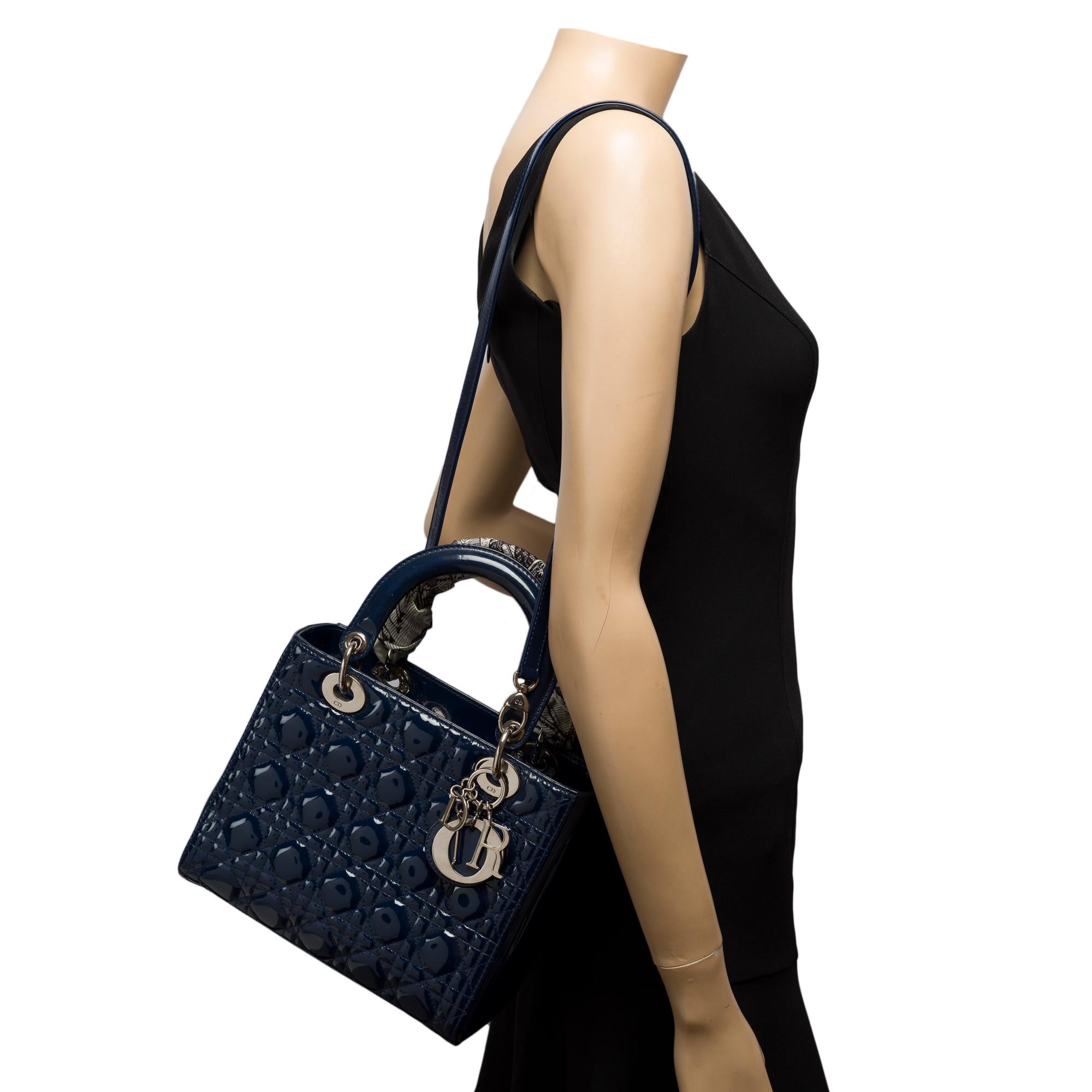 Lady Dior Medium (MM) handbag strap in Navy Blue cannage patent leather, PHW 7