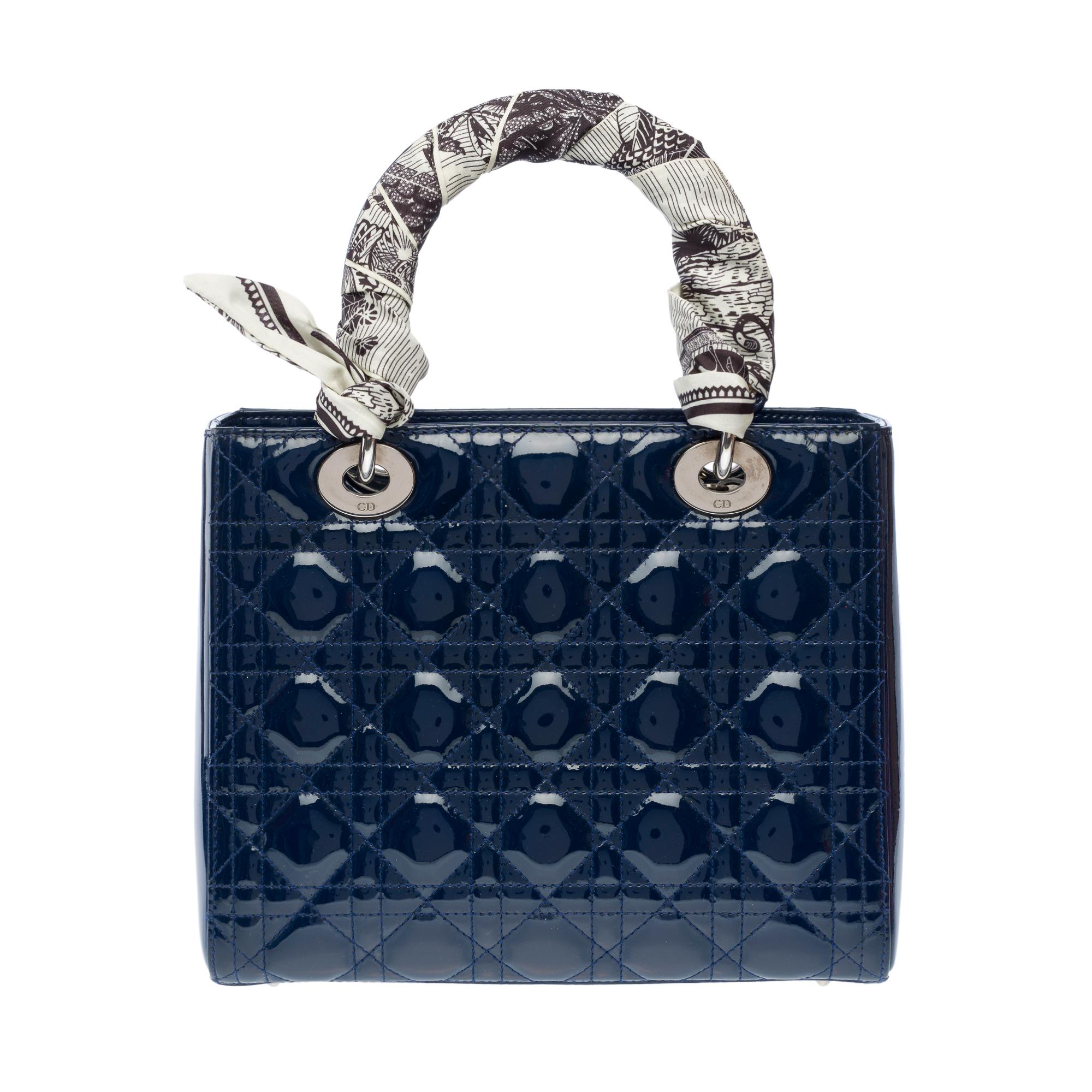 Black Lady Dior Medium (MM) handbag strap in Navy Blue cannage patent leather, PHW