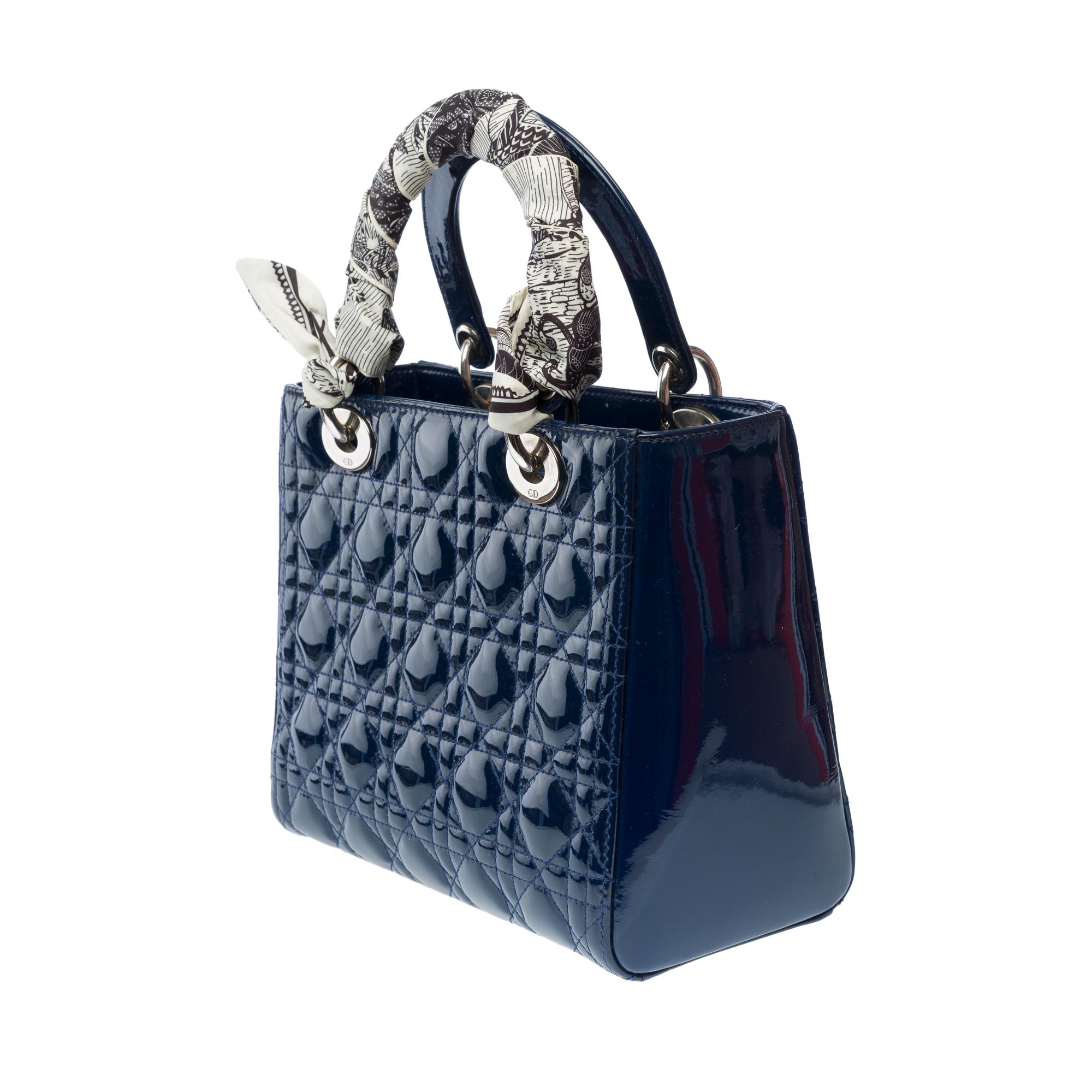 Women's Lady Dior Medium (MM) handbag strap in Navy Blue cannage patent leather, PHW