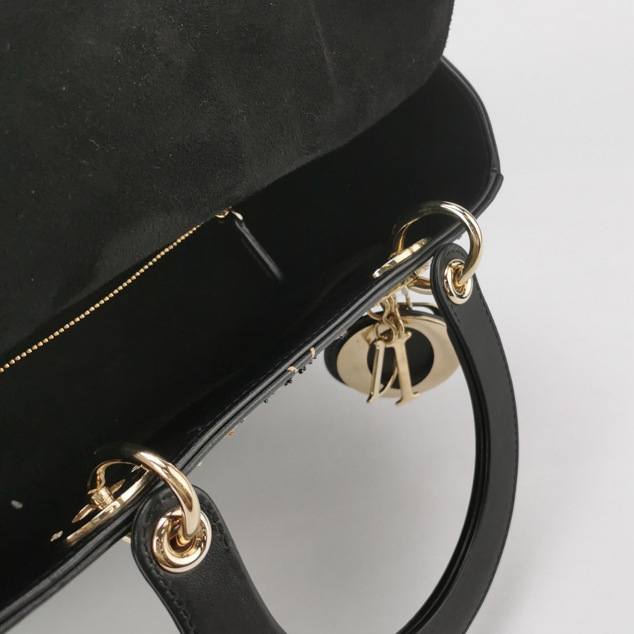 Lady Dior Medium Nature Ballett Star Embroidery Handtasche aus schwarzem Kalbsleder in Gold HW im Angebot 2