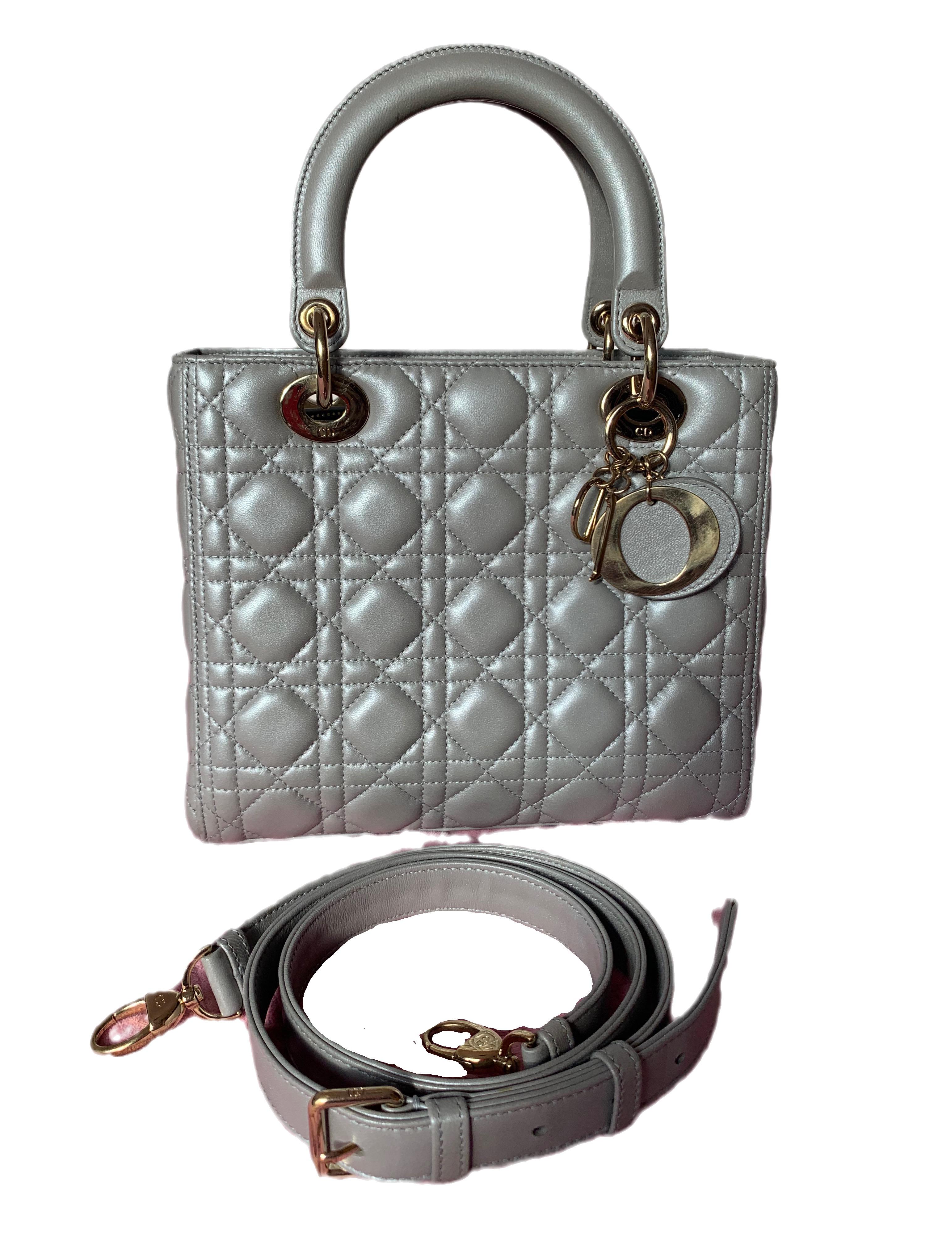 Lady Dior Medium Pearlescent Grey Lambskin Cannage Leather Gold Hardware 7