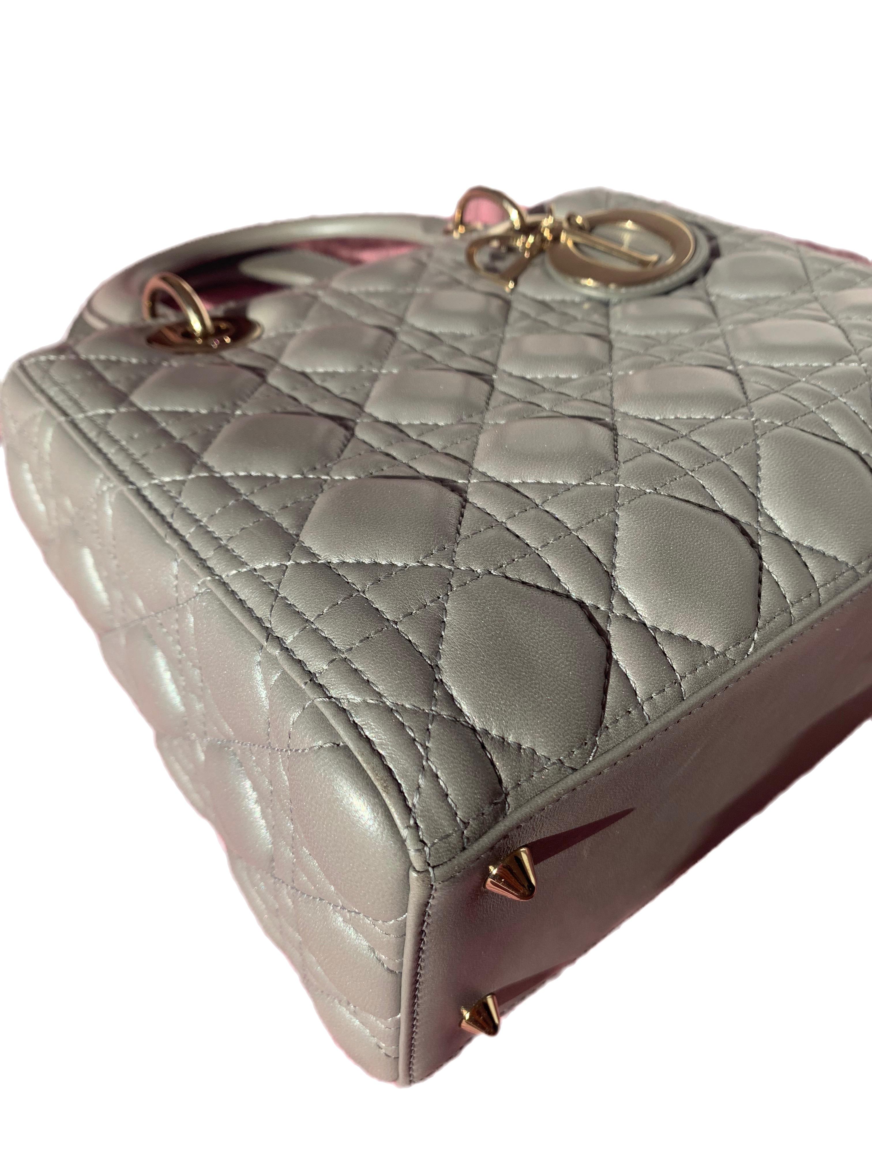 Lady Dior Medium Pearlescent Grey Lambskin Cannage Leather Gold Hardware 4
