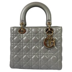 Used Lady Dior Medium Pearlescent Grey Lambskin Cannage Leather Gold Hardware