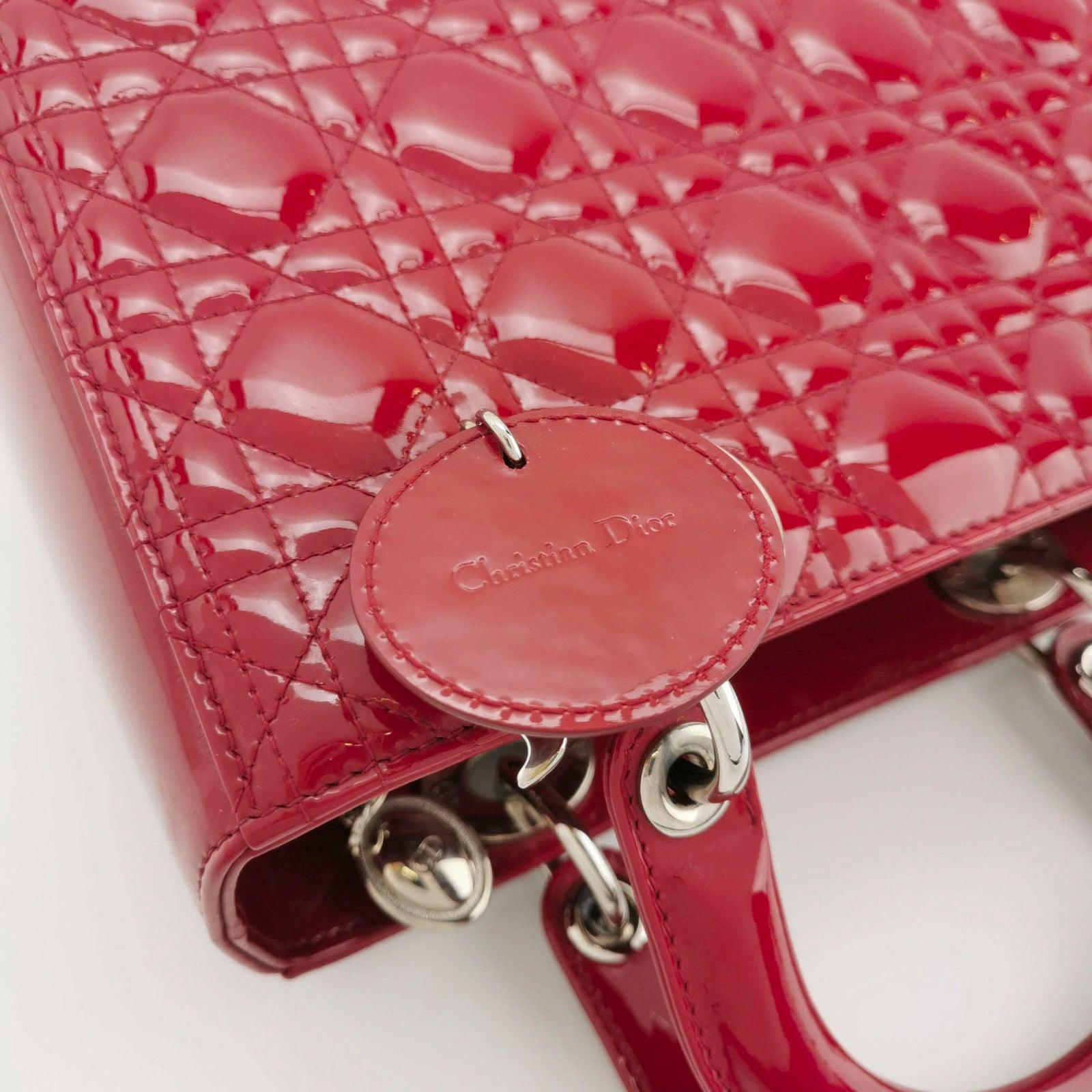 Lady Dior Medium Red Burgundy Patent Leather Handbag Silver Hardware For Sale 6