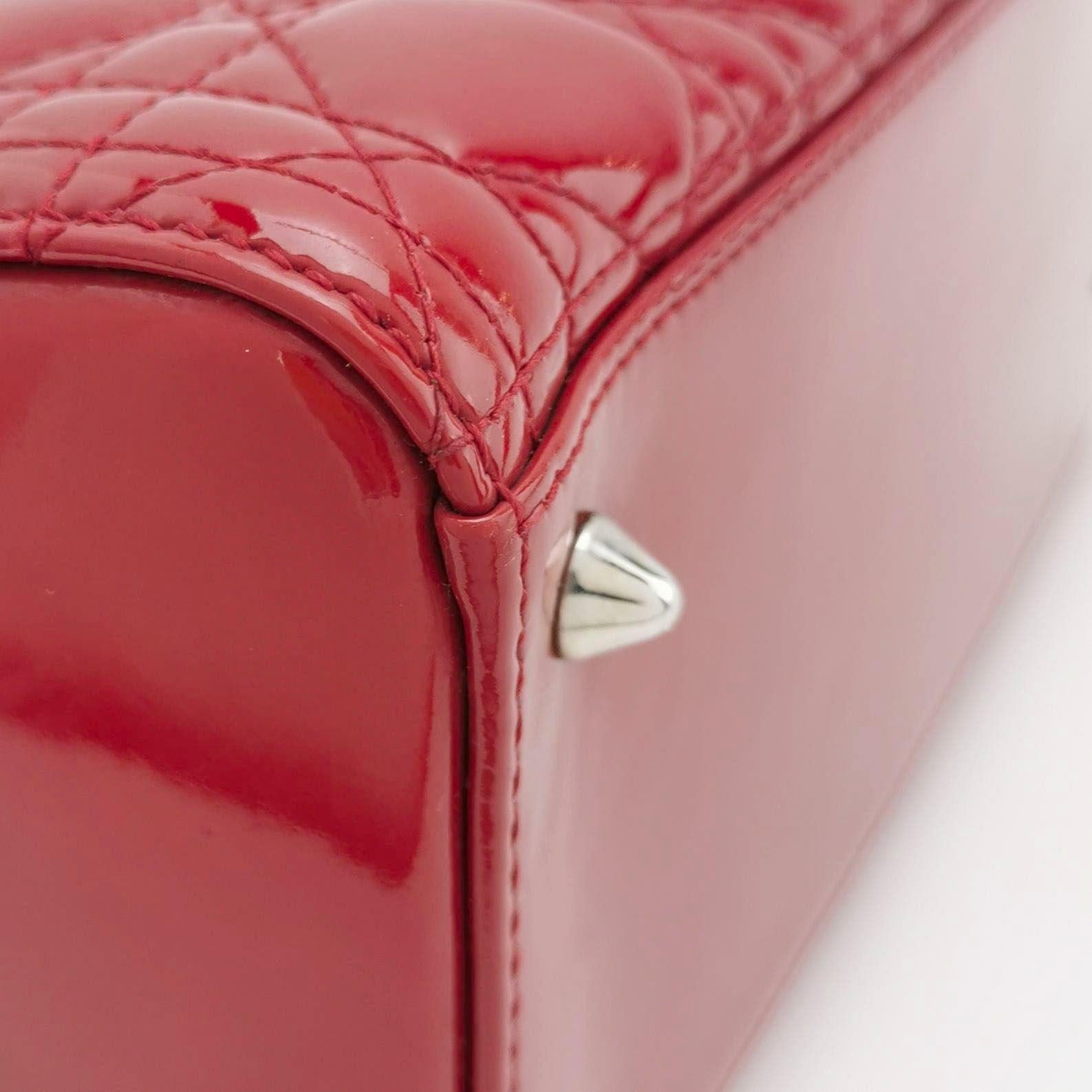 Lady Dior Medium Red Burgundy Patent Leather Handbag Silver Hardware For Sale 9