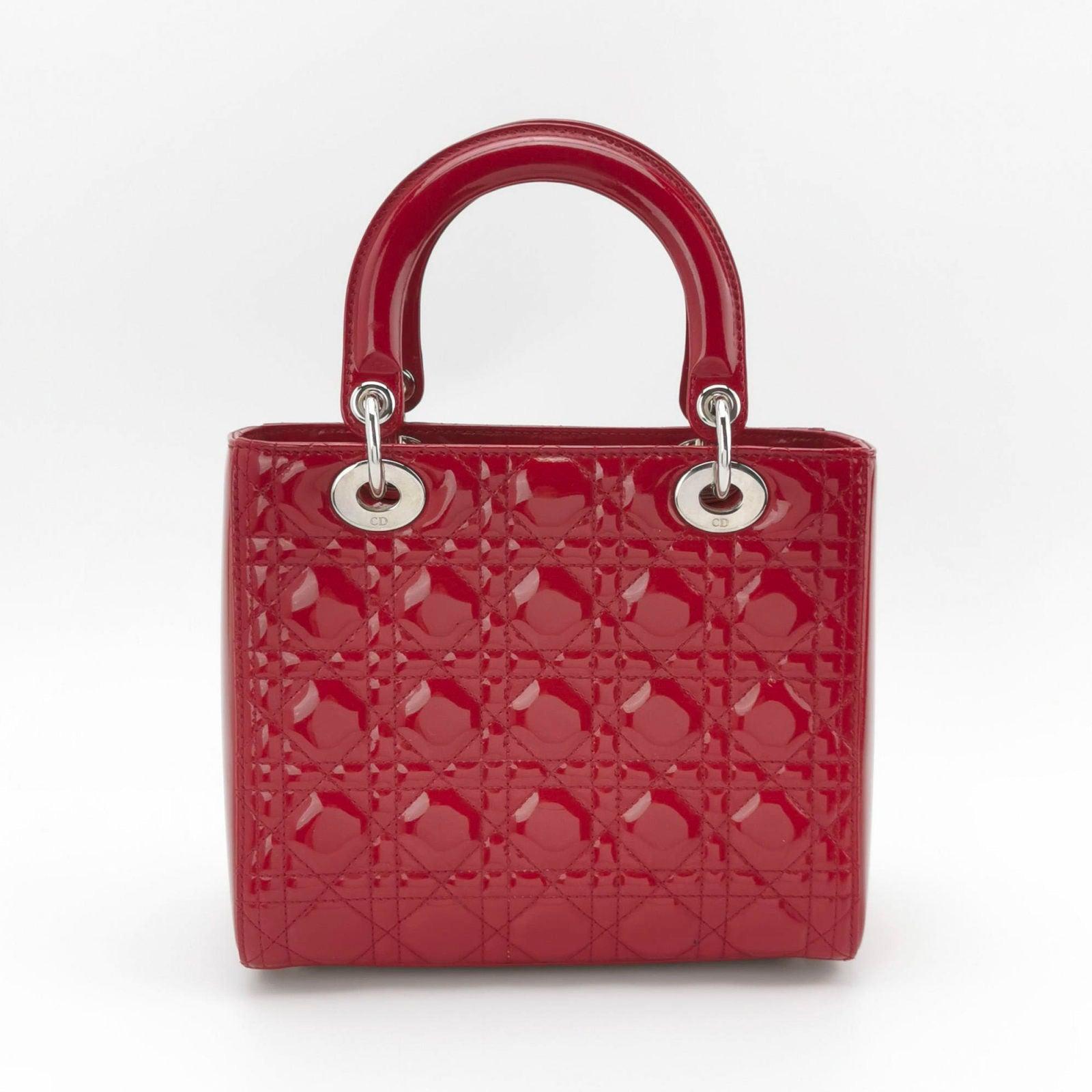 Women's Lady Dior Medium Red Burgundy Patent Leather Handbag Silver Hardware For Sale