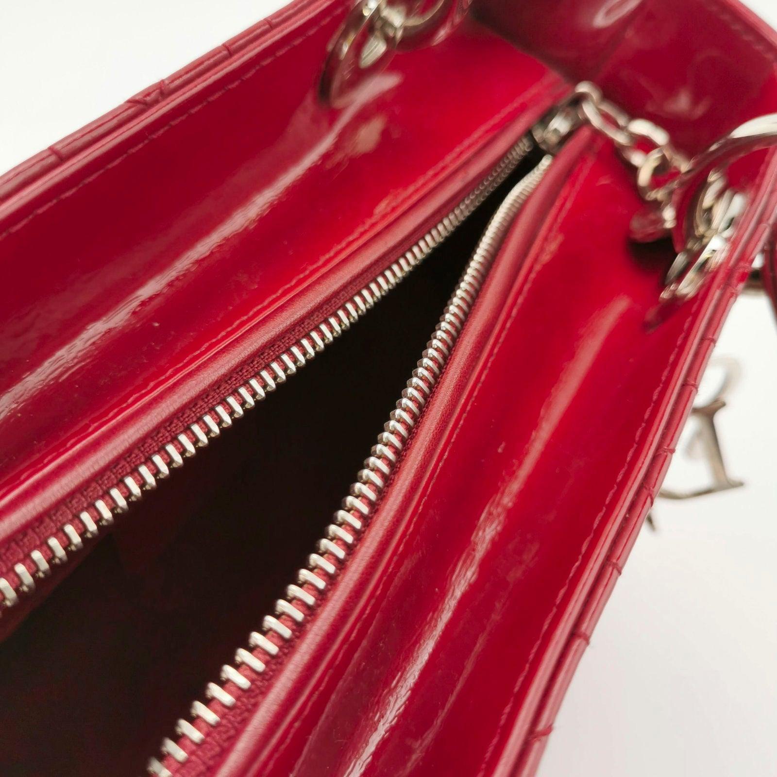 Lady Dior Medium Red Burgundy Patent Leather Handbag Silver Hardware For Sale 2