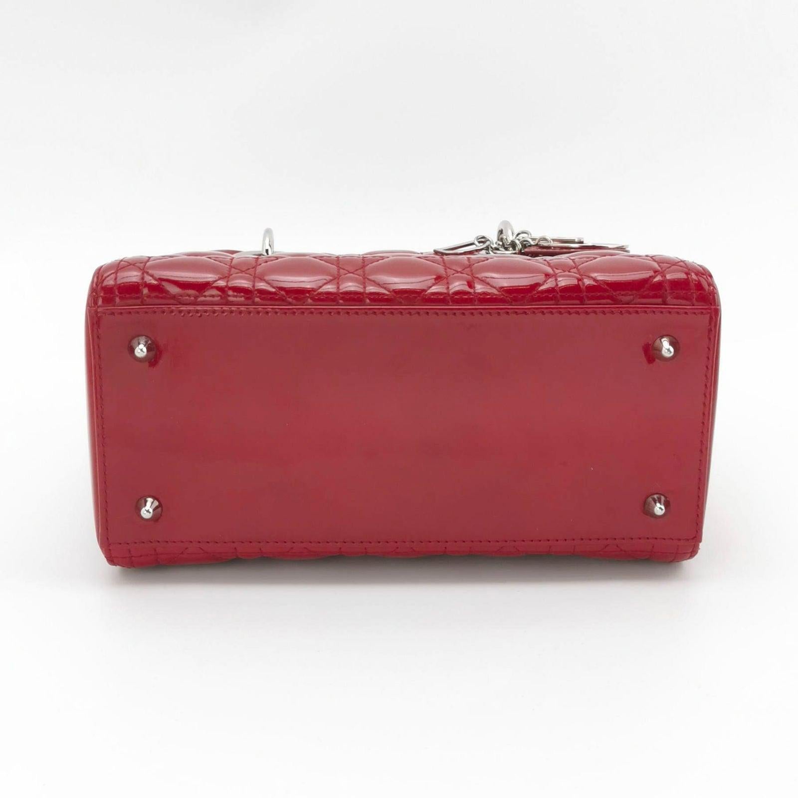 Lady Dior Medium Red Burgundy Patent Leather Handbag Silver Hardware For Sale 3