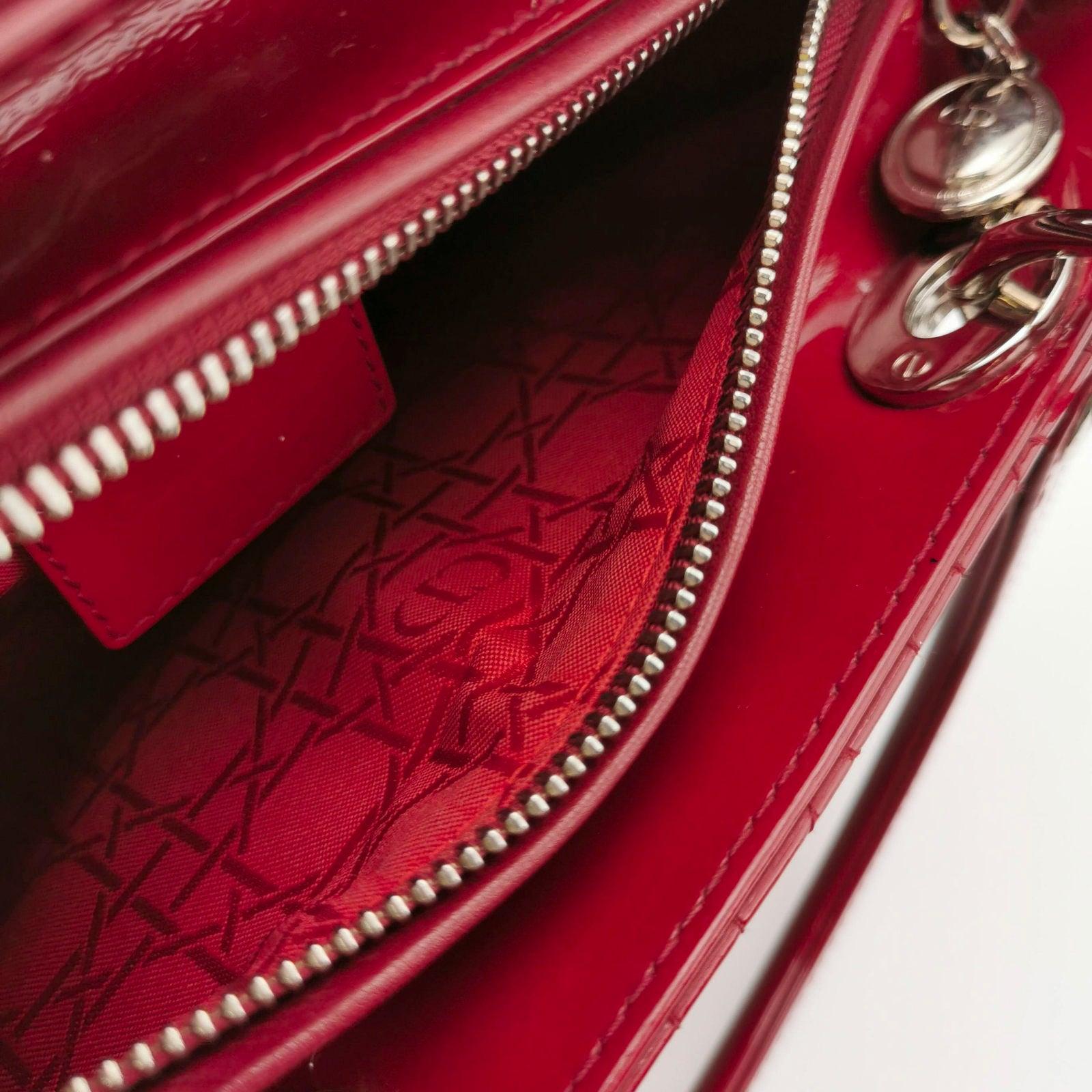 Lady Dior Medium Red Burgundy Patent Leather Handbag Silver Hardware For Sale 4