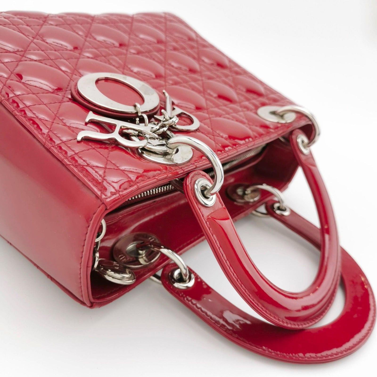 Lady Dior Medium Red Burgundy Patent Leather Handbag Silver Hardware For Sale 5