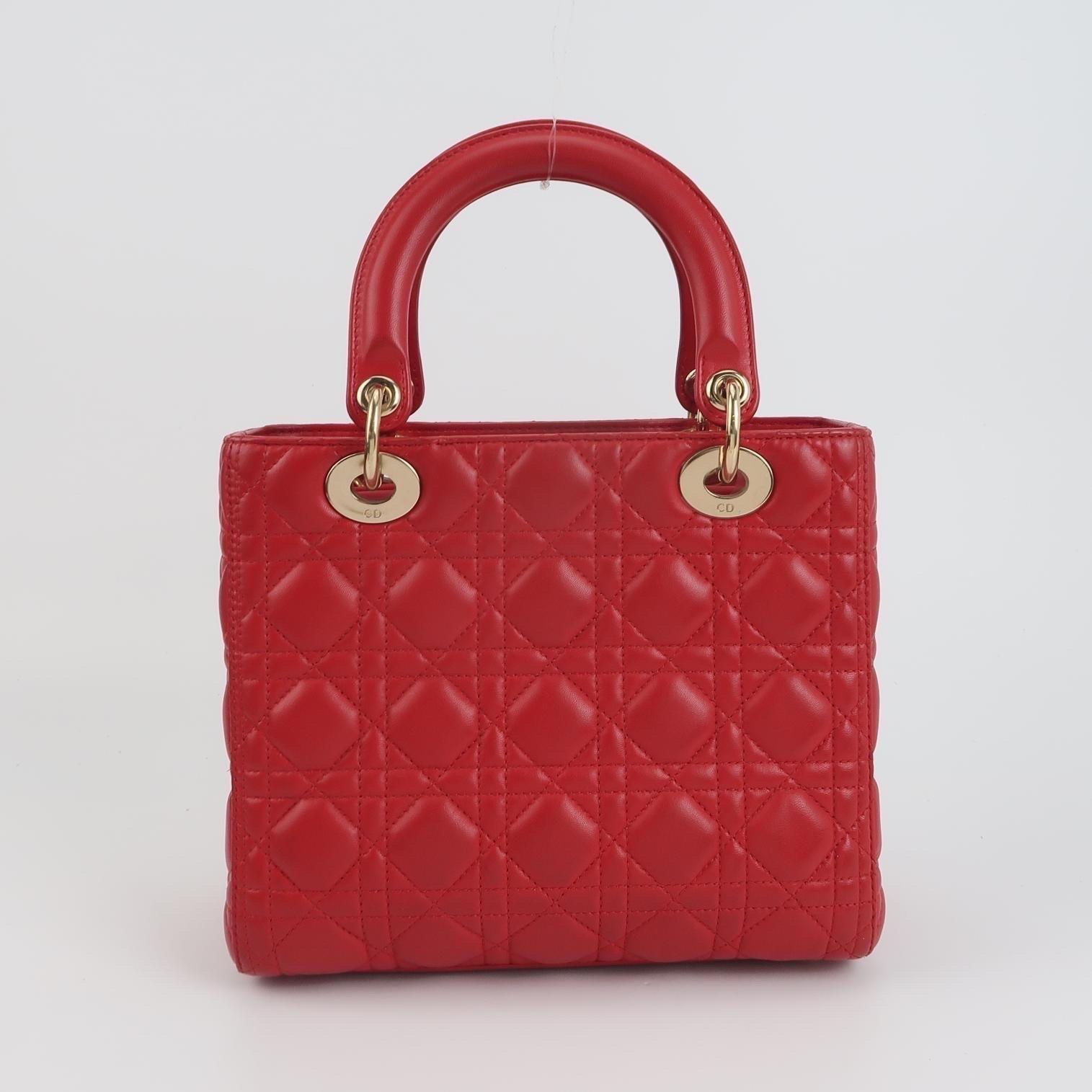 Lady Dior Medium Rot Lammfell Leder Gold Hardware Lederband 2014 Damen im Angebot