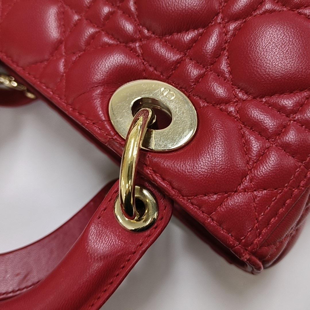 Lady Dior Medium Red Lambskin Leather Gold Hardware Leather Strap For Sale 7