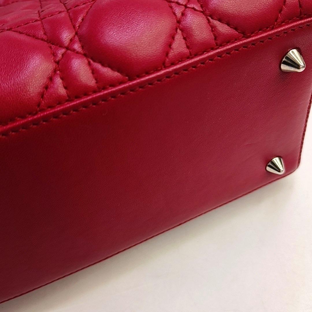 Lady Dior Medium Red Lambskin Leather Gold Hardware Leather Strap 8