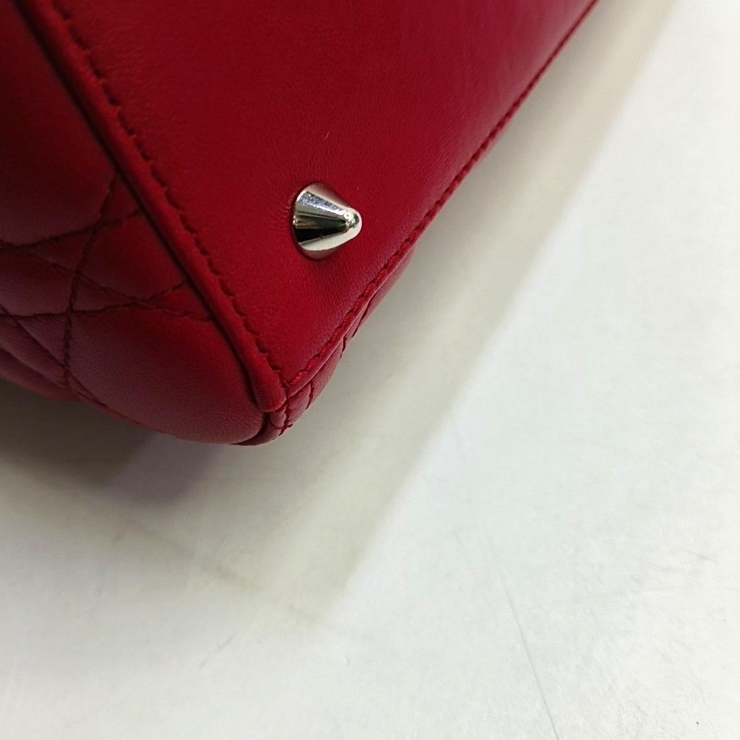 Lady Dior Medium Red Lambskin Leather Gold Hardware Leather Strap 9