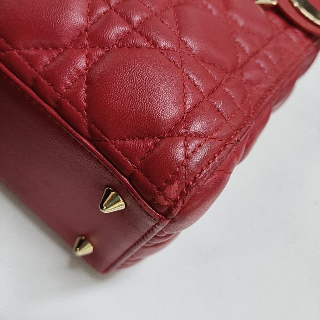 Lady Dior Medium Red Lambskin Leather Gold Hardware Leather Strap For Sale 11