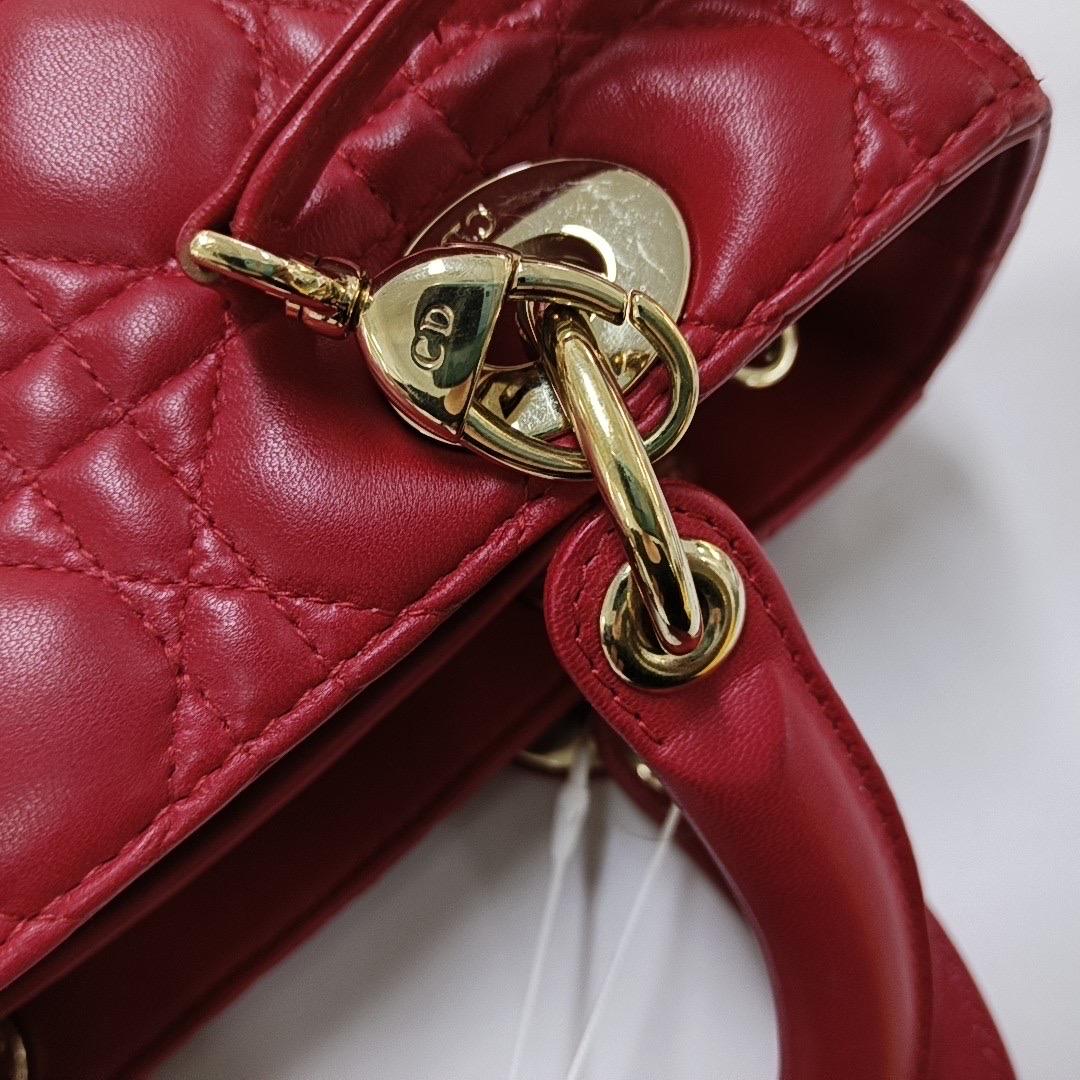 Lady Dior Medium Red Lambskin Leather Gold Hardware Leather Strap For Sale 14
