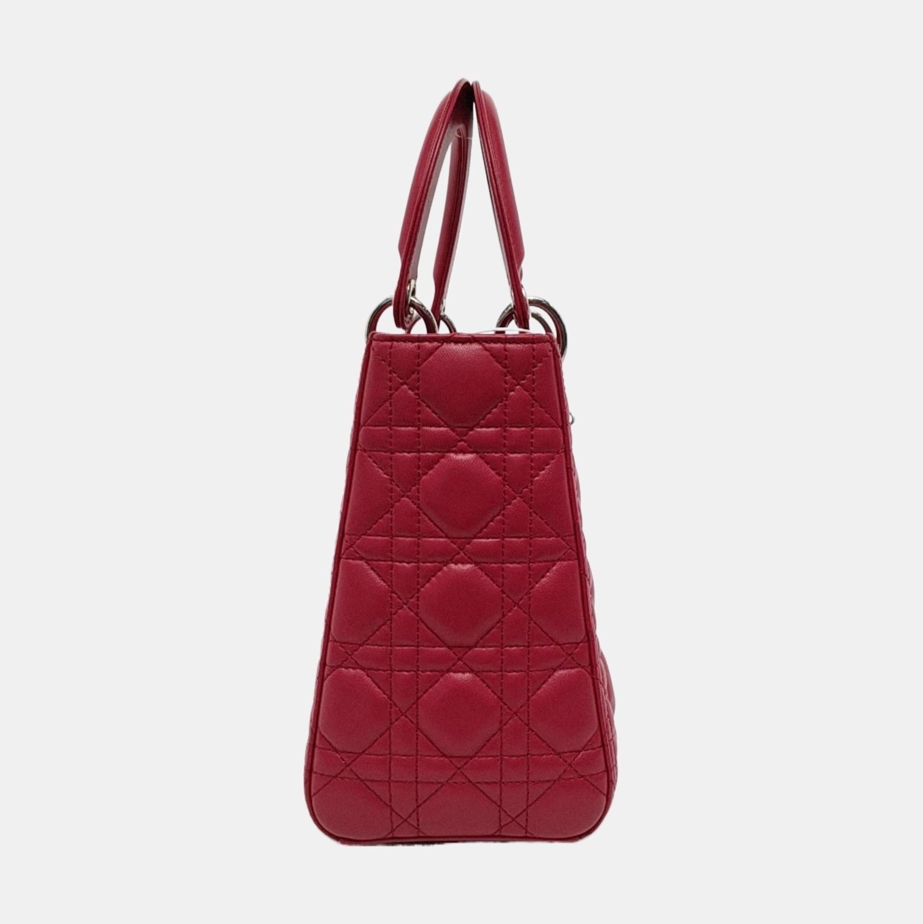 Women's Lady Dior Medium Red Lambskin Leather Gold Hardware Leather Strap