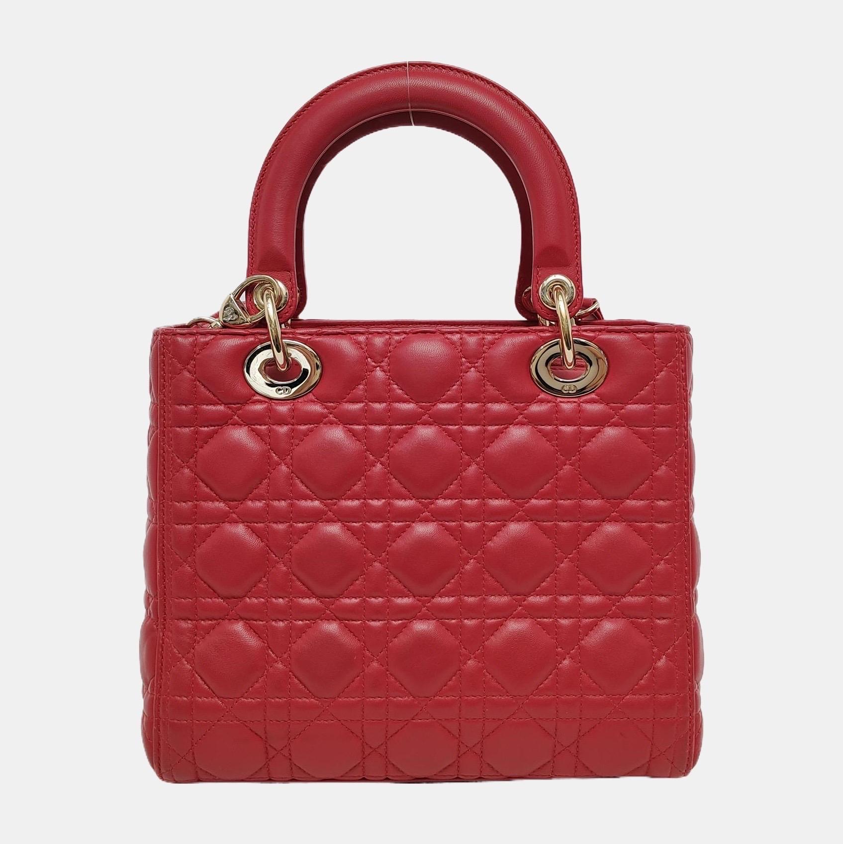 Women's Lady Dior Medium Red Lambskin Leather Gold Hardware Leather Strap For Sale