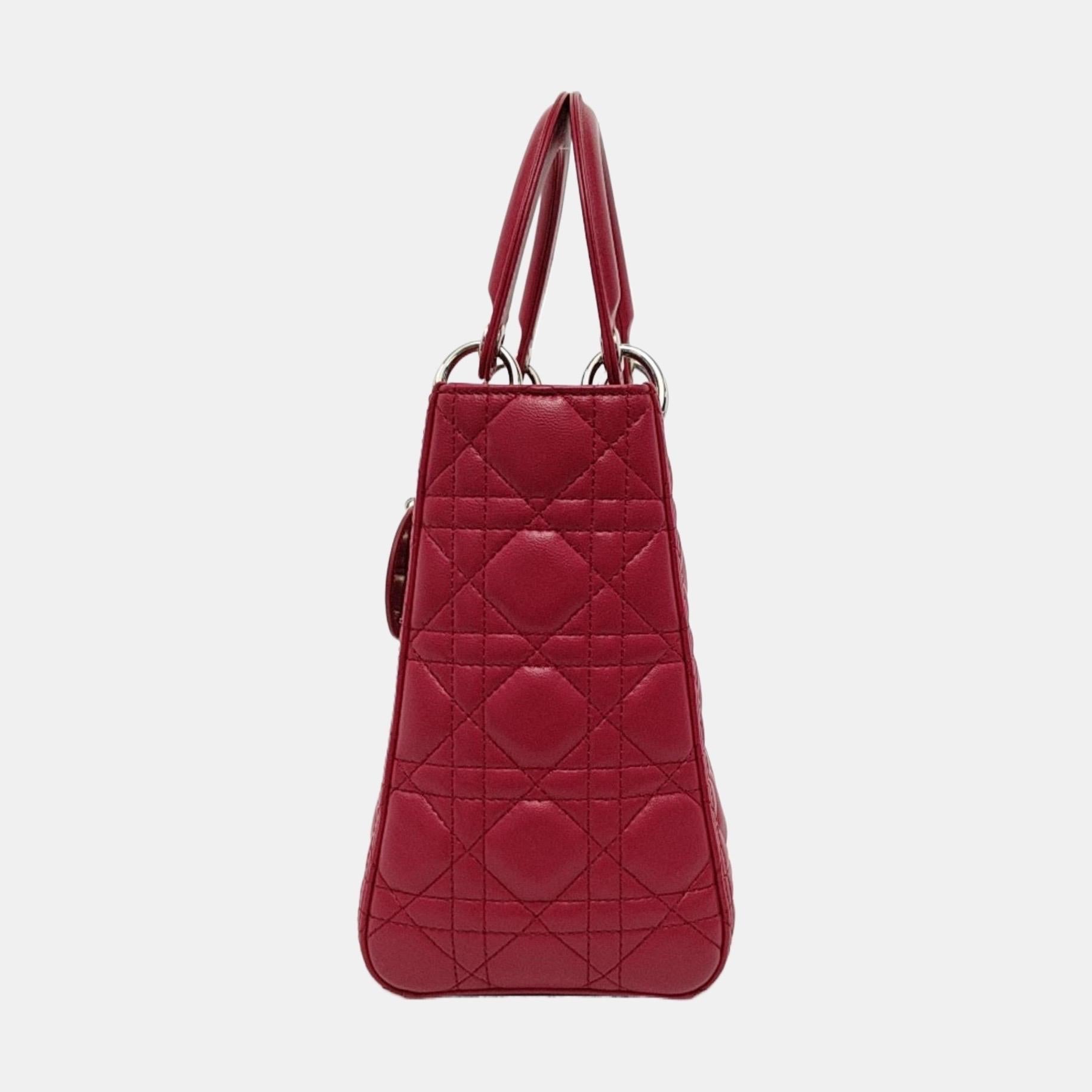 Lady Dior Medium Red Lambskin Leather Gold Hardware Leather Strap 1