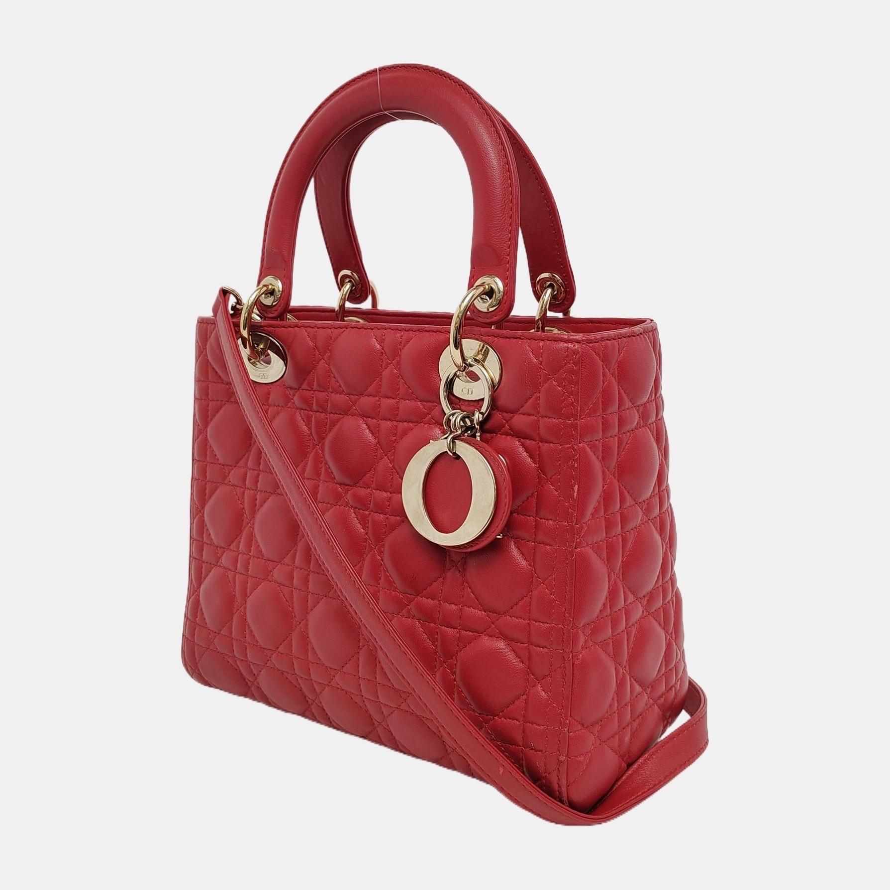 Lady Dior Medium Red Lambskin Leather Gold Hardware Leather Strap For Sale 1