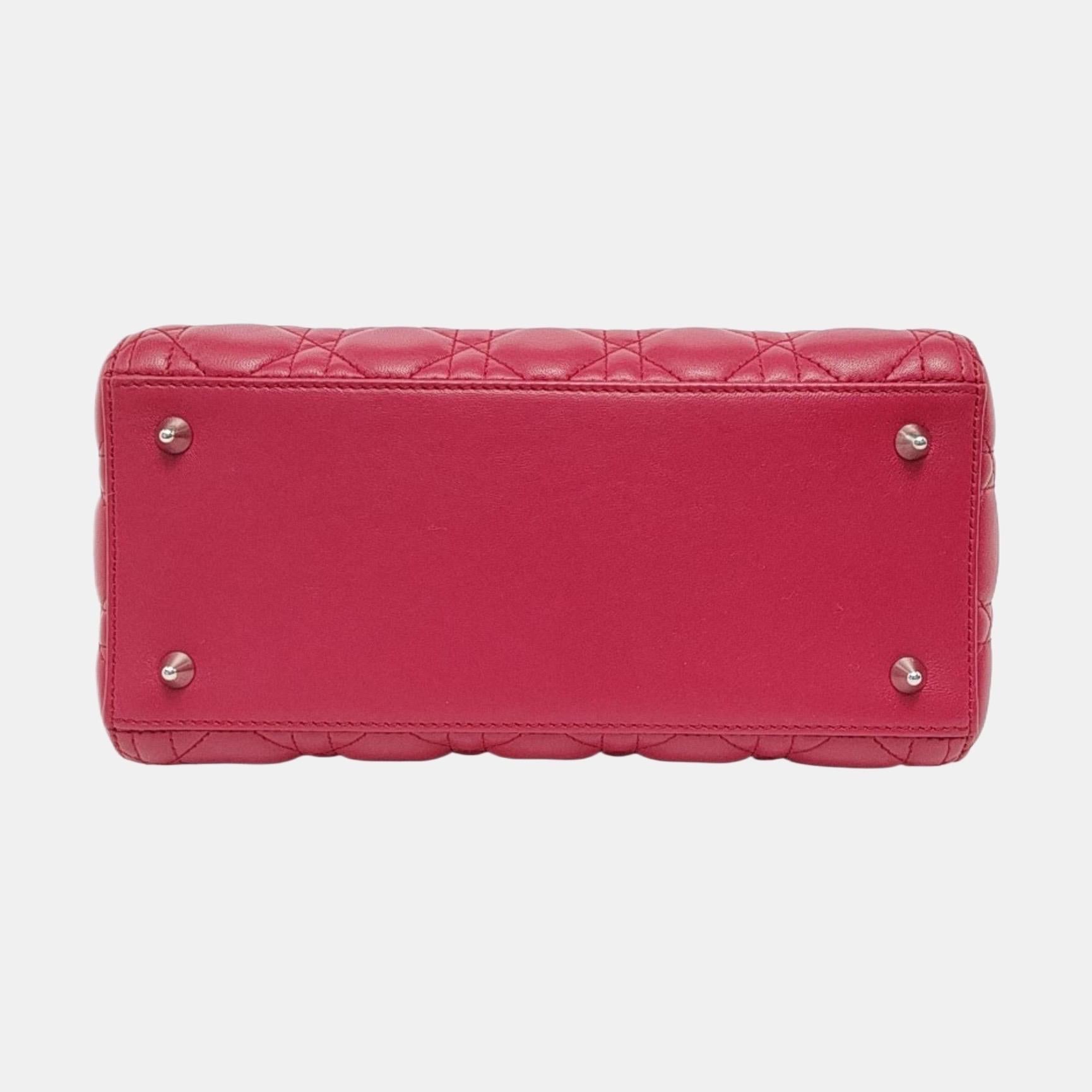 Lady Dior Medium Red Lambskin Leather Gold Hardware Leather Strap 2