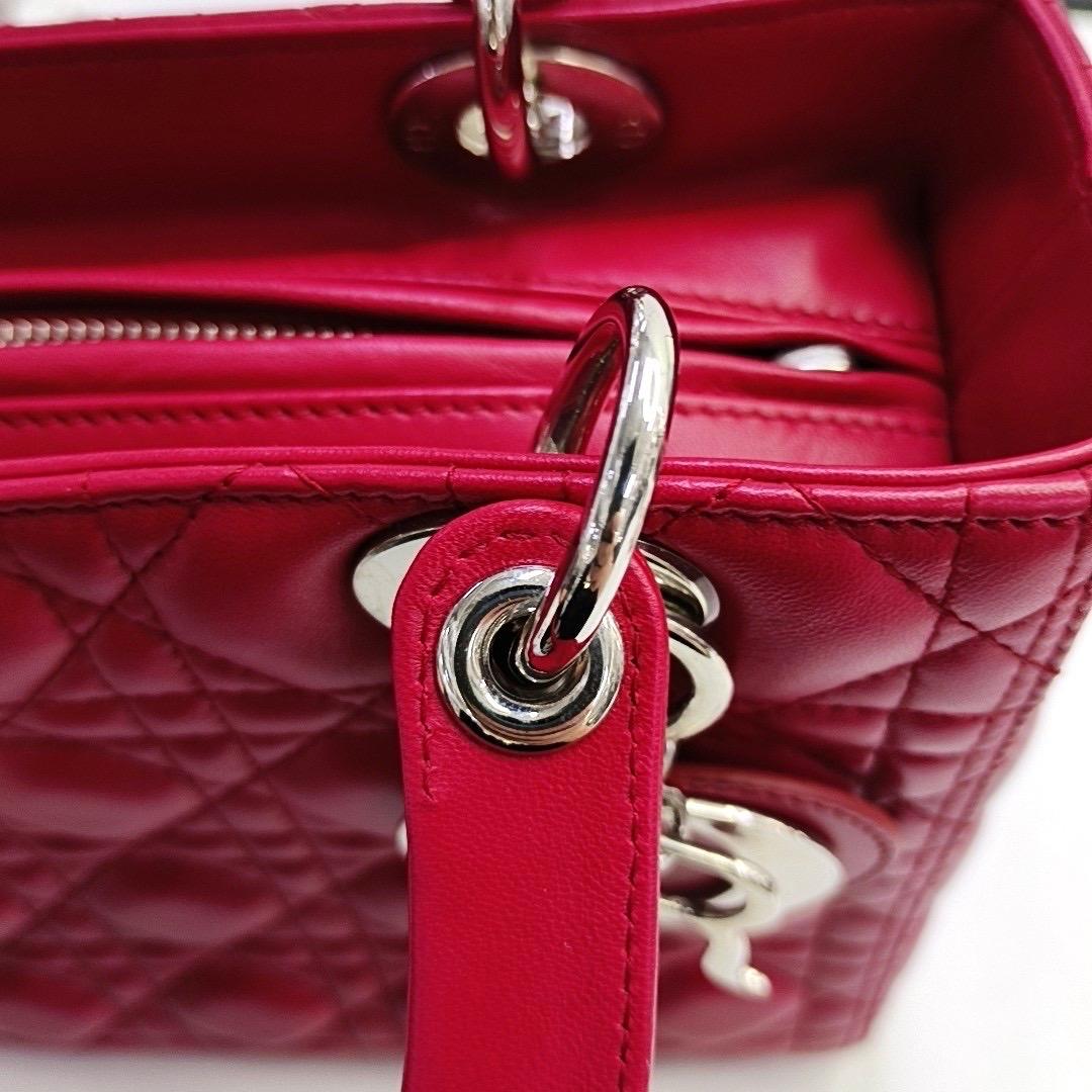 Lady Dior Medium Red Lambskin Leather Gold Hardware Leather Strap 3