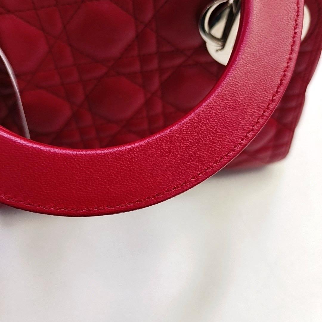 Lady Dior Medium Red Lambskin Leather Gold Hardware Leather Strap 4