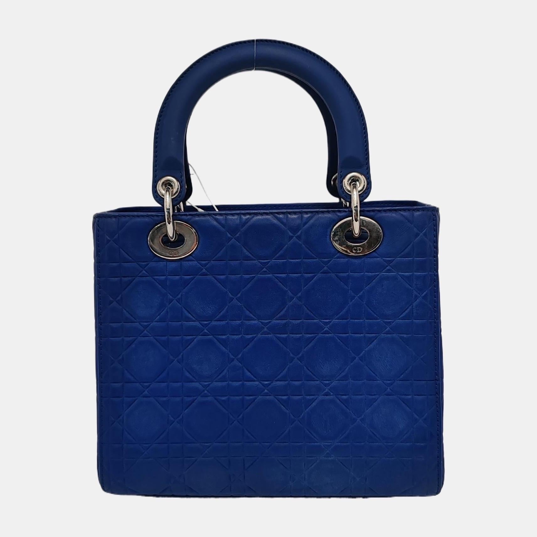 Lady Dior Medium Royal Blue Engraved Cannage Pattern Silver Hardware 2013 For Sale 5