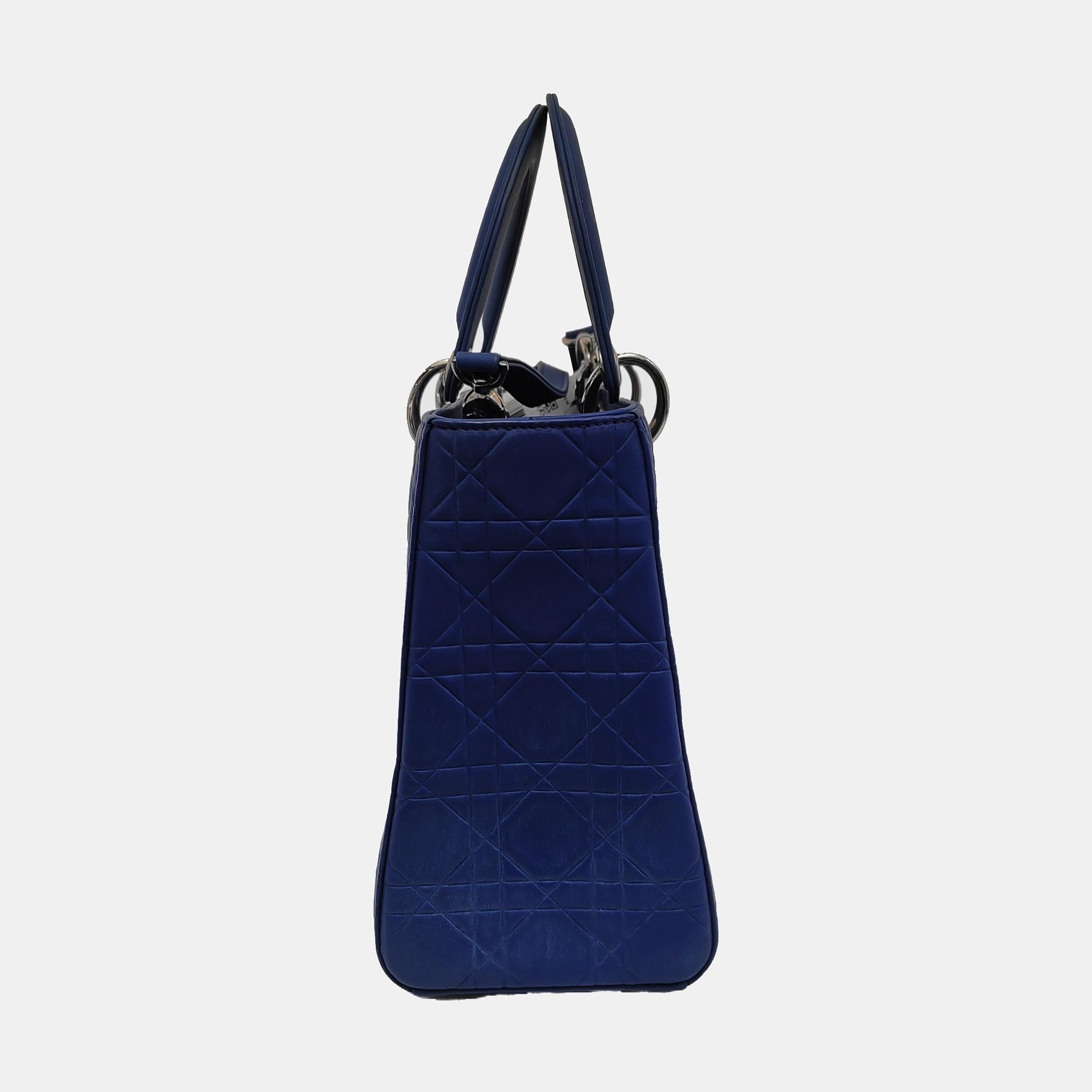 Lady Dior Medium Royal Blue Engraved Cannage Pattern Silver Hardware 2013 In Good Condition For Sale In AUBERVILLIERS, FR