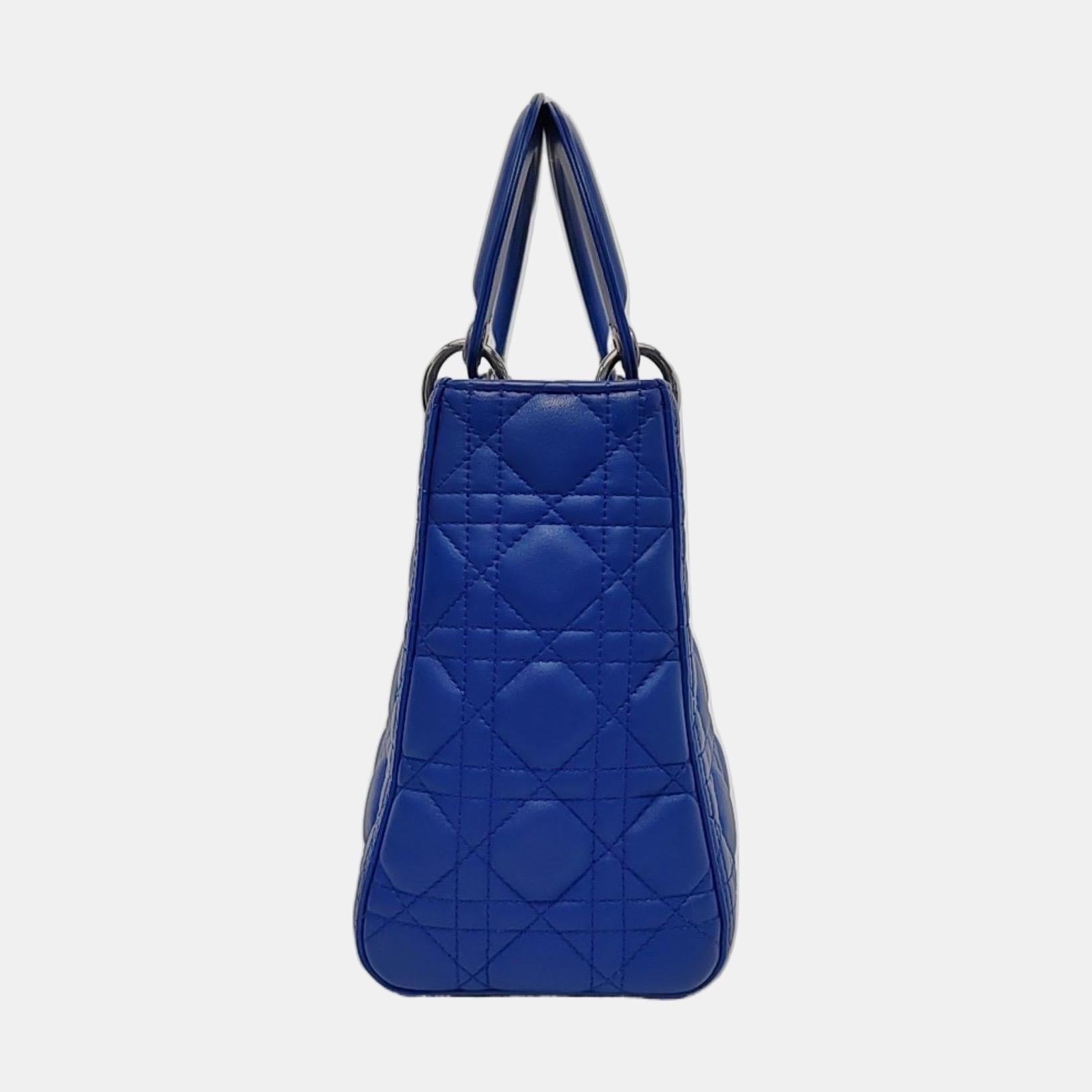 Lady Dior Medium Royal Blue Lambskin Leather Silver Hardware In Good Condition For Sale In AUBERVILLIERS, FR