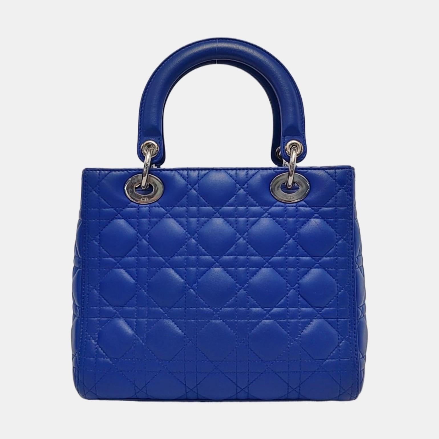 Women's Lady Dior Medium Royal Blue Lambskin Leather Silver Hardware For Sale