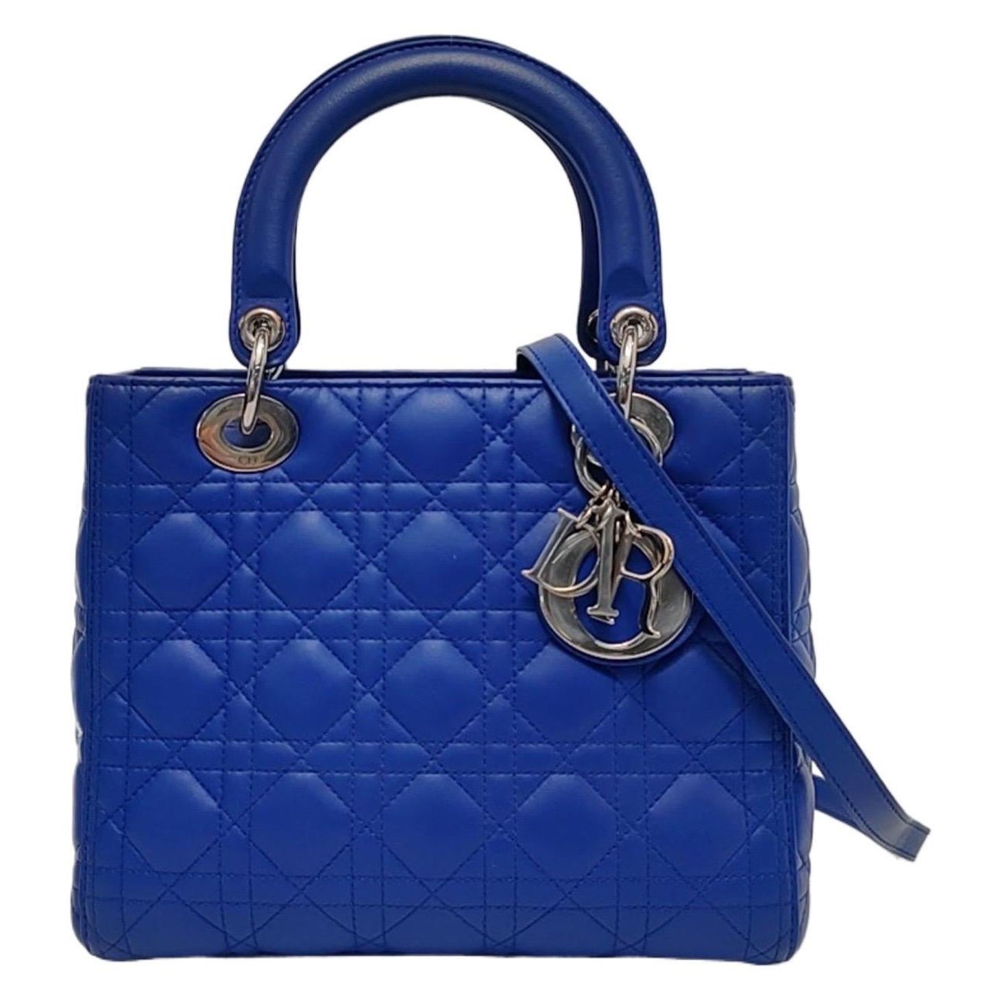 Lady Dior Medium Königsblau Lammfell Leder Silberne Hardware