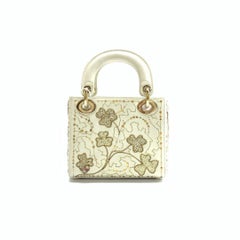 Lady Dior Mini 2018 Embroidered White Calfskin Leather Gold Beads Crossbody Bag