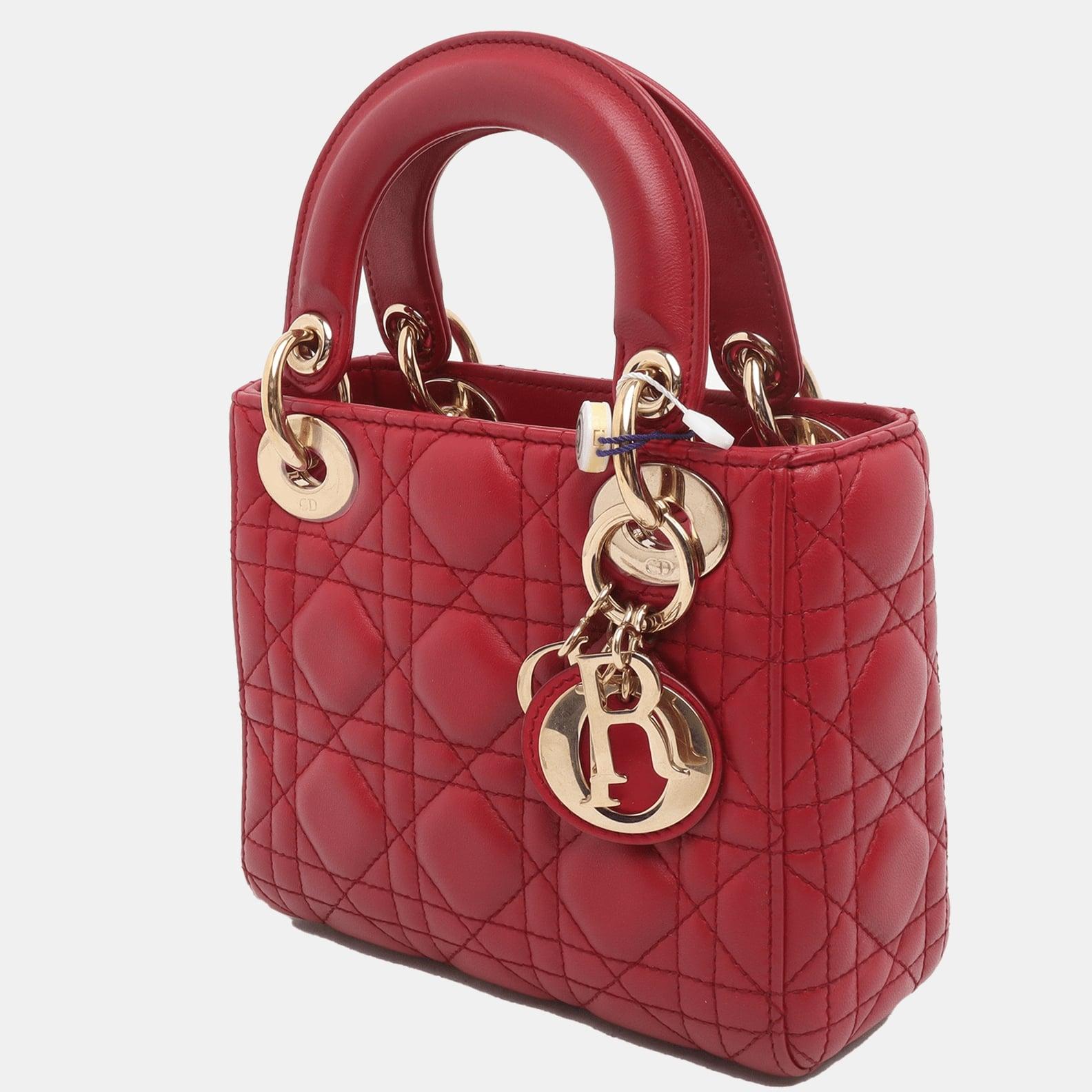 Lady Dior Mini Red Lambskin Leather Gold HW Chain Strap In Good Condition In AUBERVILLIERS, FR