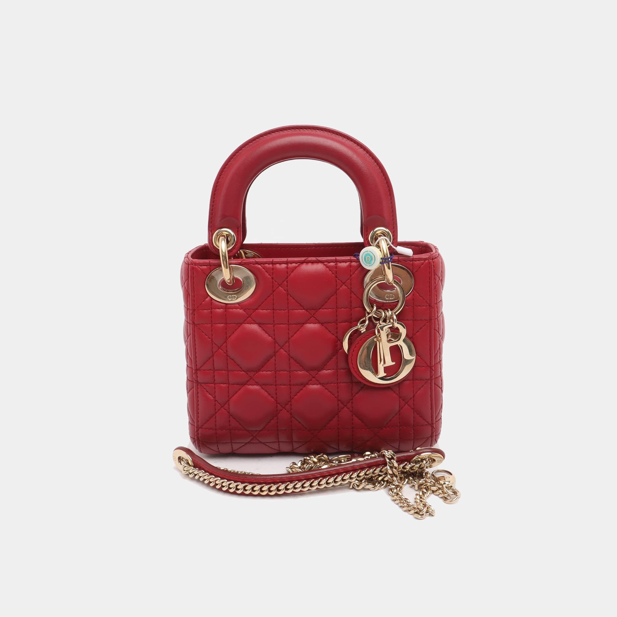 Lady Dior Mini Red Lambskin Leather Gold HW Chain Strap 5