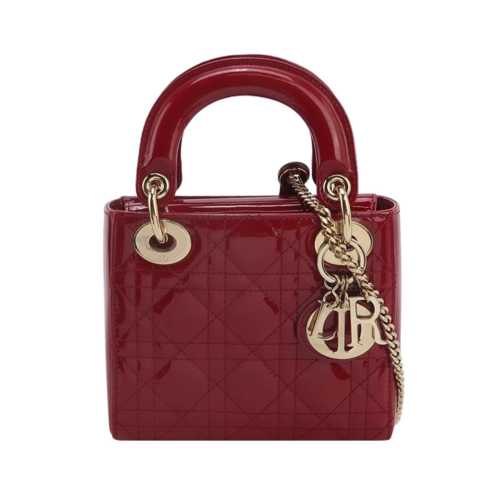 Lady Dior Mini 2019 Red Patent Leather Gold-tone Chain Strap