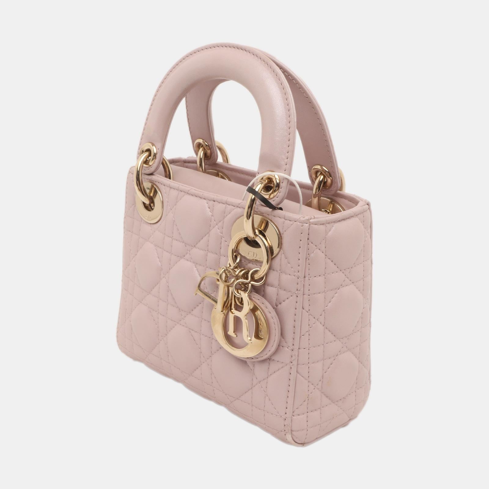 Brown Lady Dior Mini 2020 Pearlescent Pink Lambskin Leather Gold HW Chain Strap